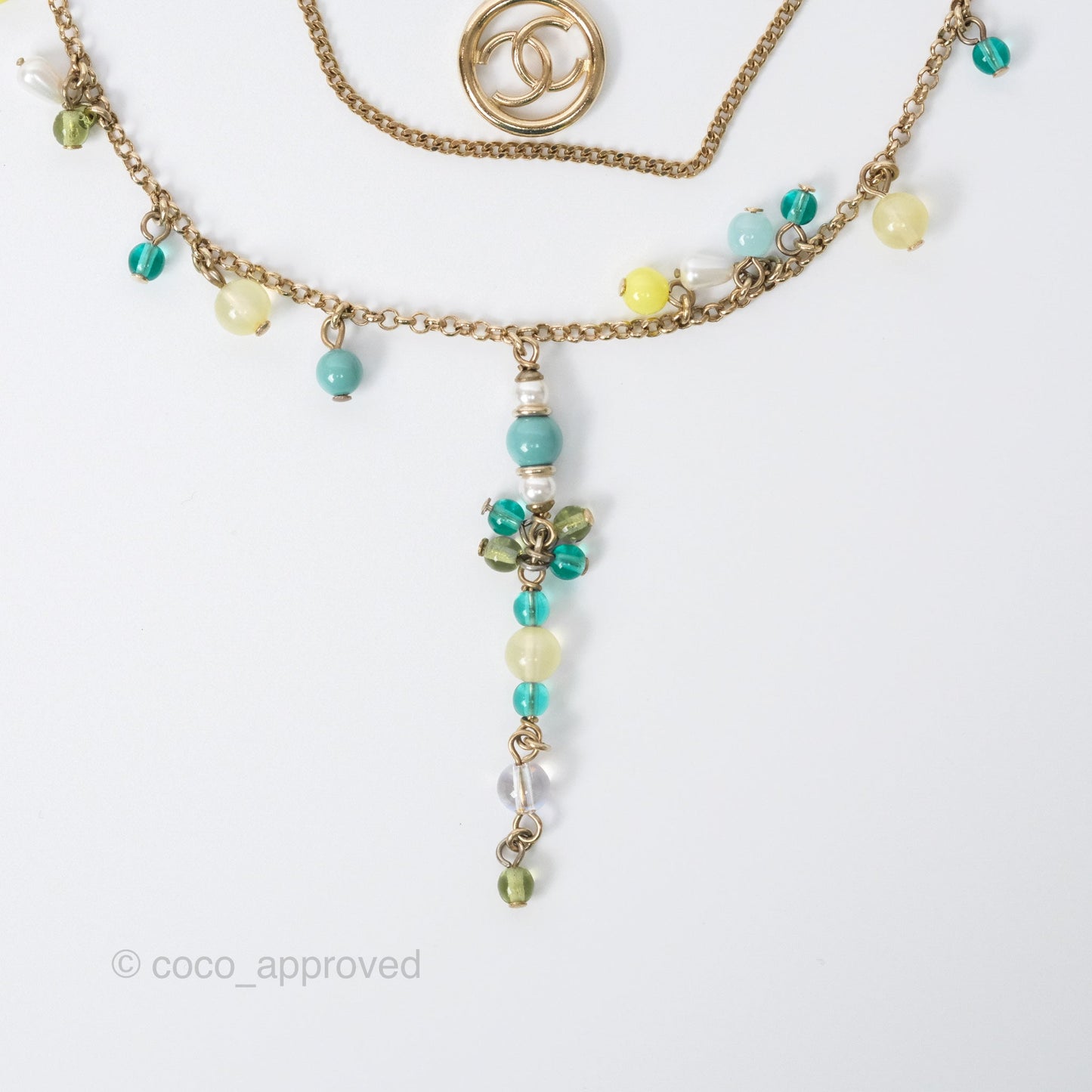 Chanel Pearl CC Green Bead Long Necklace Gold Tone 19S