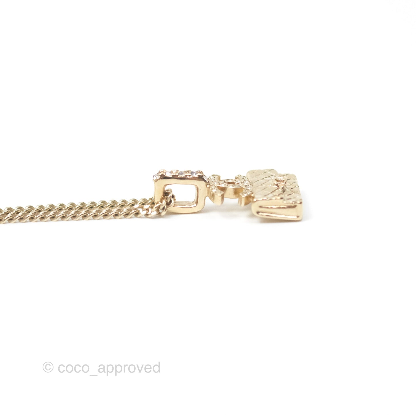Chanel Crystals CC Flap Bag Pendant Necklace Gold Tone 23B