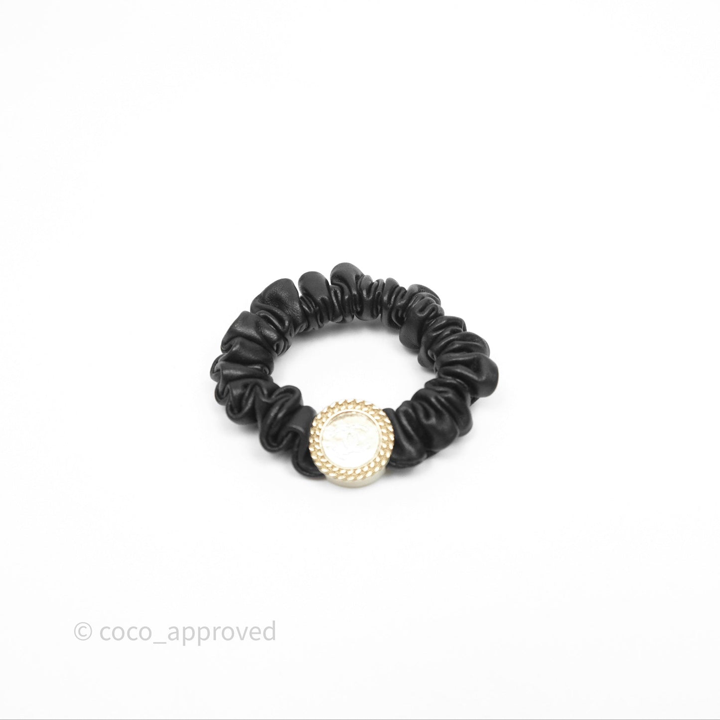 Chanel CC Black Leather Scrunchie Hair Accessory Gold Tone 22P