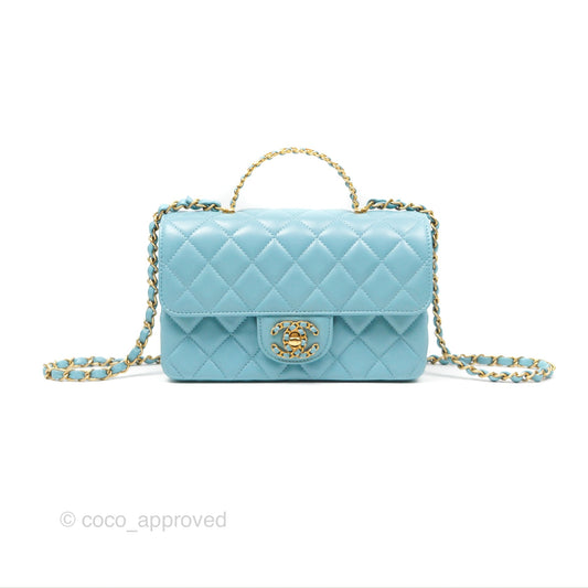 Chanel Flap Bag with Crystal Logo Top Handle Tiffany Blue Lambskin Aged Gold Hardware