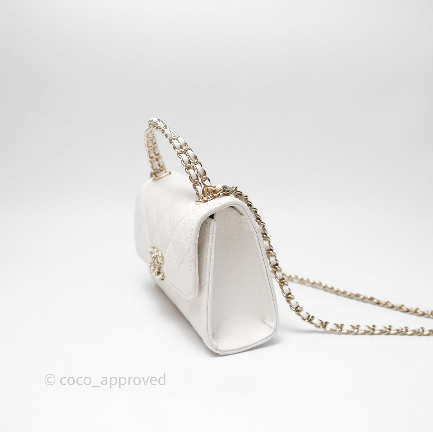 Chanel Small Top Handle Clutch with Chain White Caviar Light Gold Hardware 23P