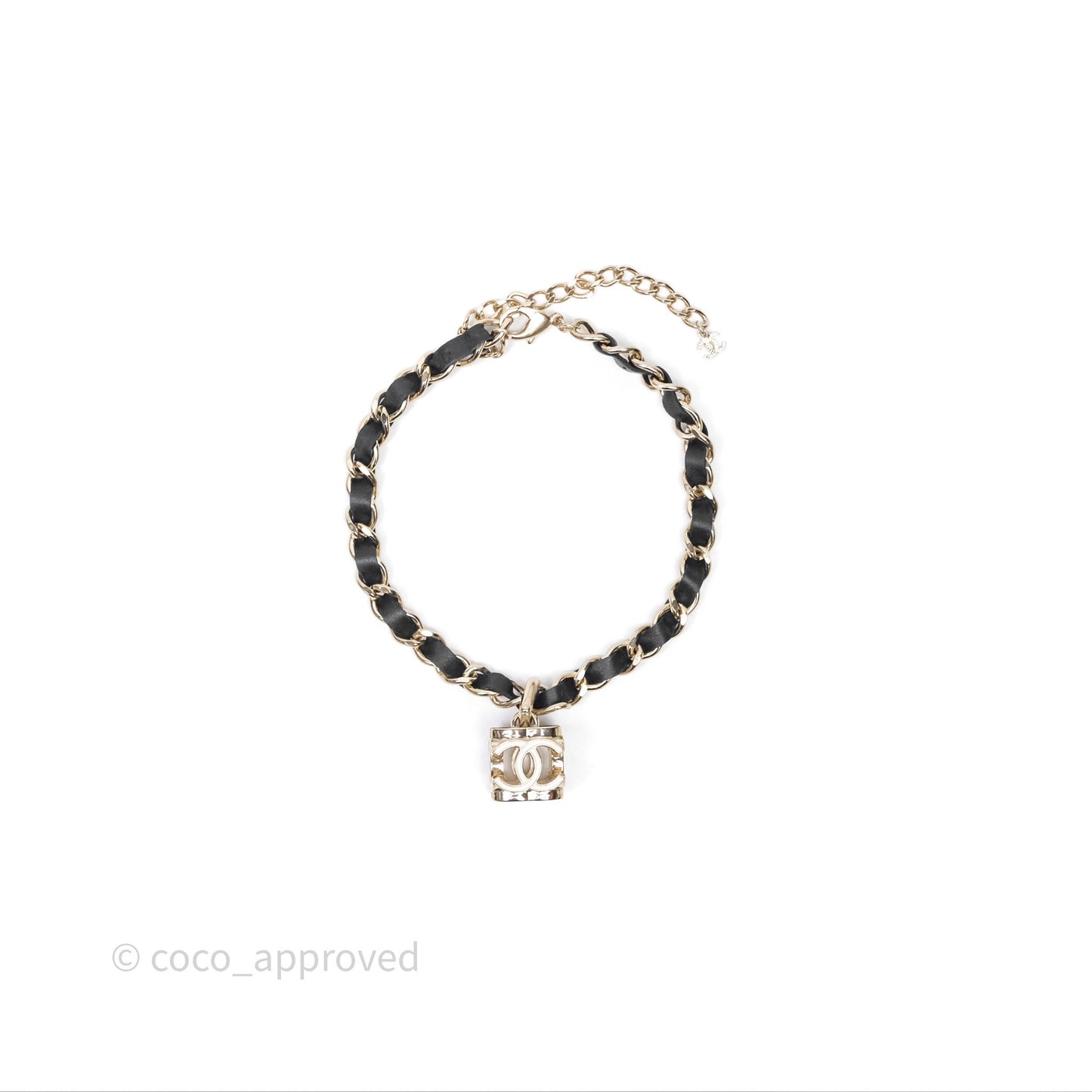 Chanel CC Black Leather Drop Necklace Gold Tone 22K