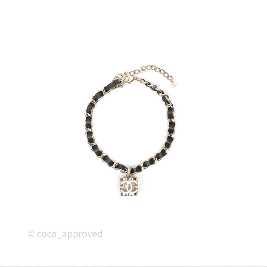 Chanel CC Black Leather Drop Necklace Gold Tone 22K