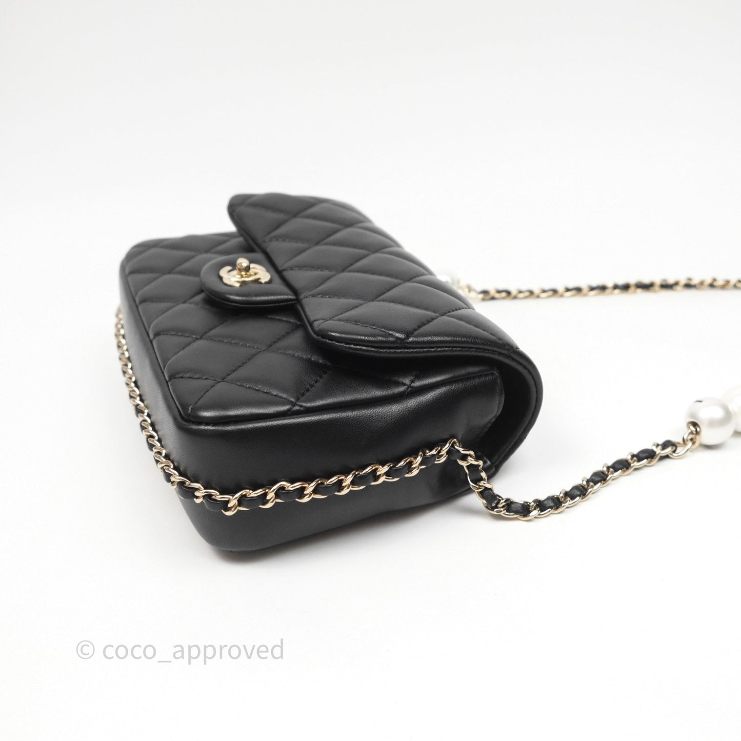 Chanel Logo Pearl Chain Flap Bag Black Lambskin Gold Hardware