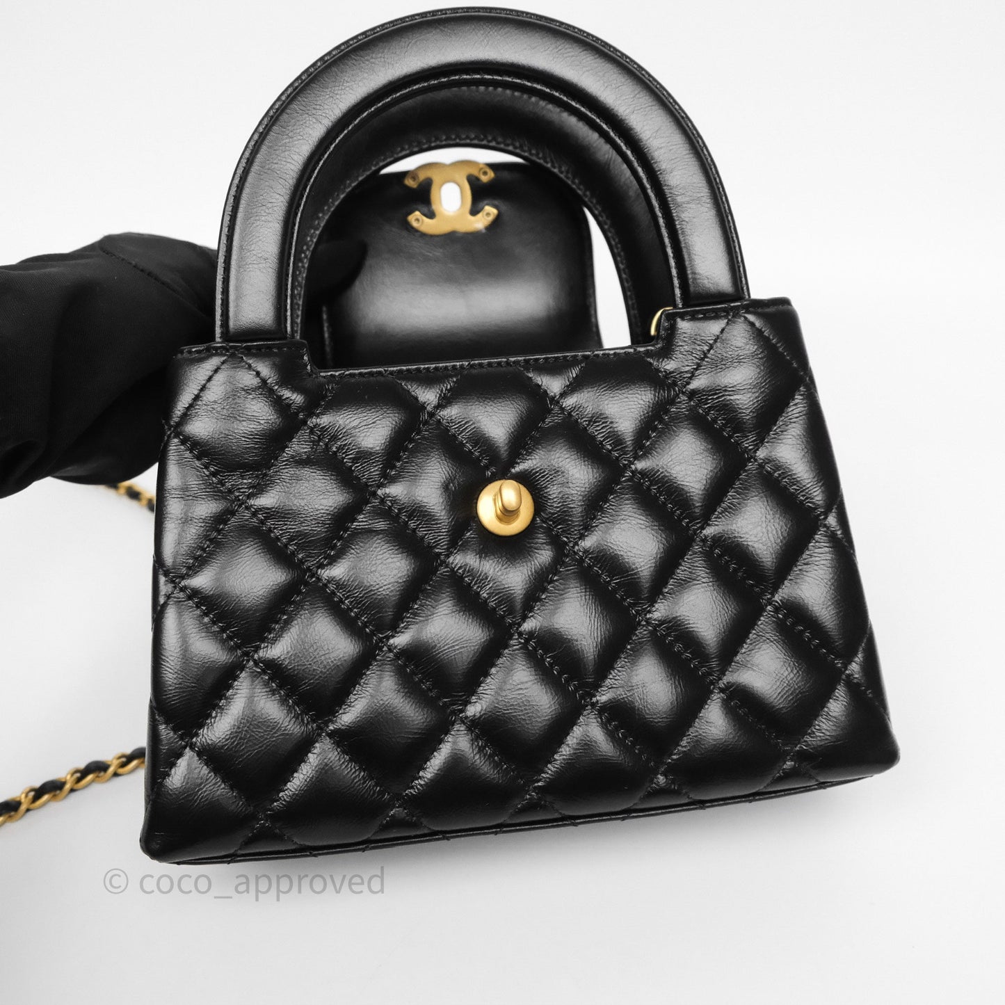 Chanel Kelly Bag Quilted Black Shiny Crumpled Calfskin Aged Gold Hardware