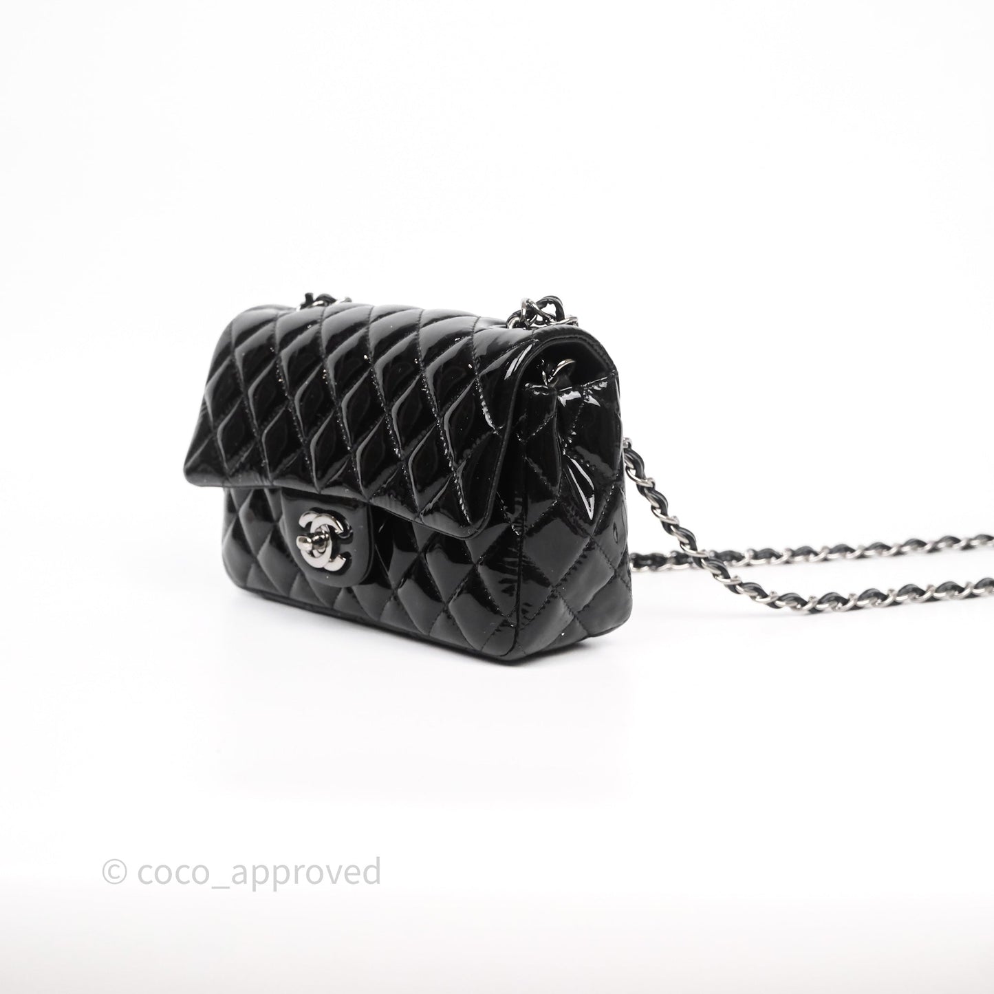Chanel Quilted Mini Rectangular Flap Black Patent Silver Hardware
