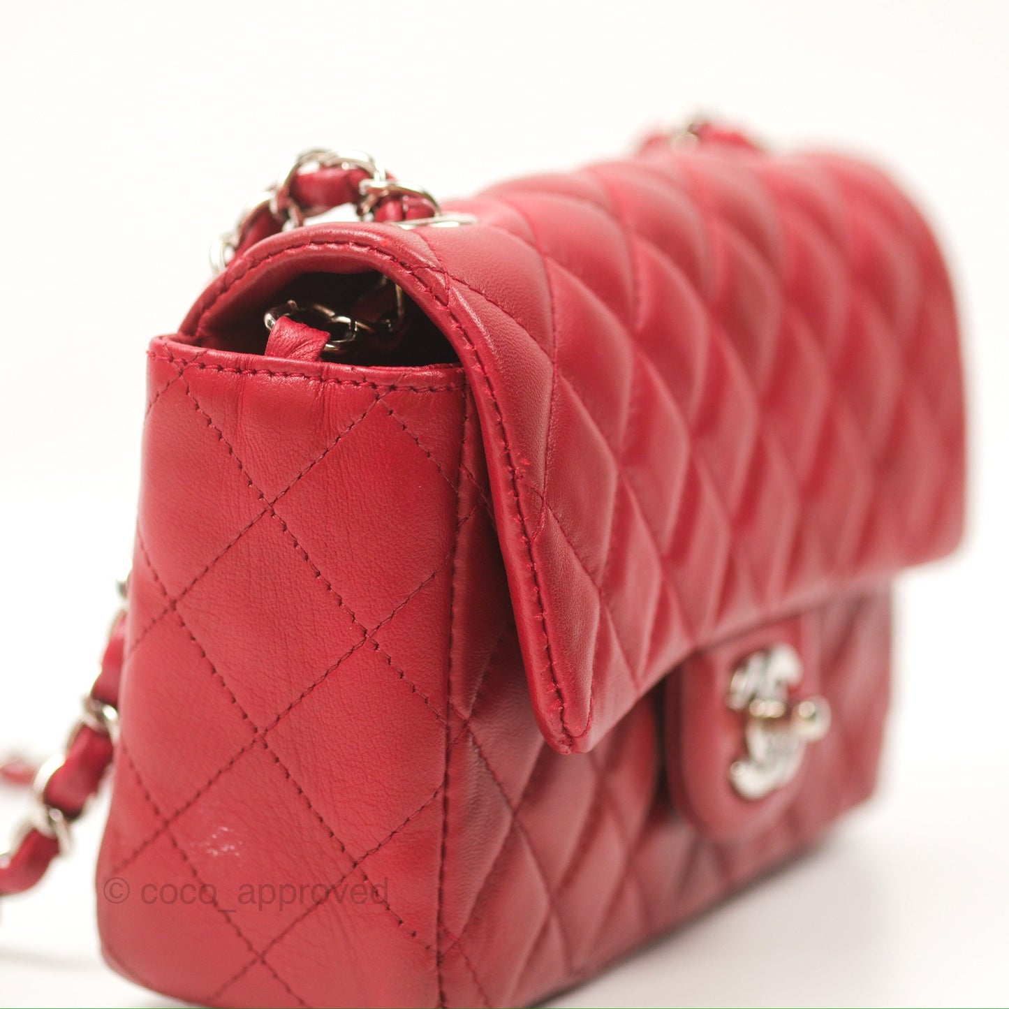 Chanel Quilted Mini Rectangular Flap Red Lambskin Silver Hardware