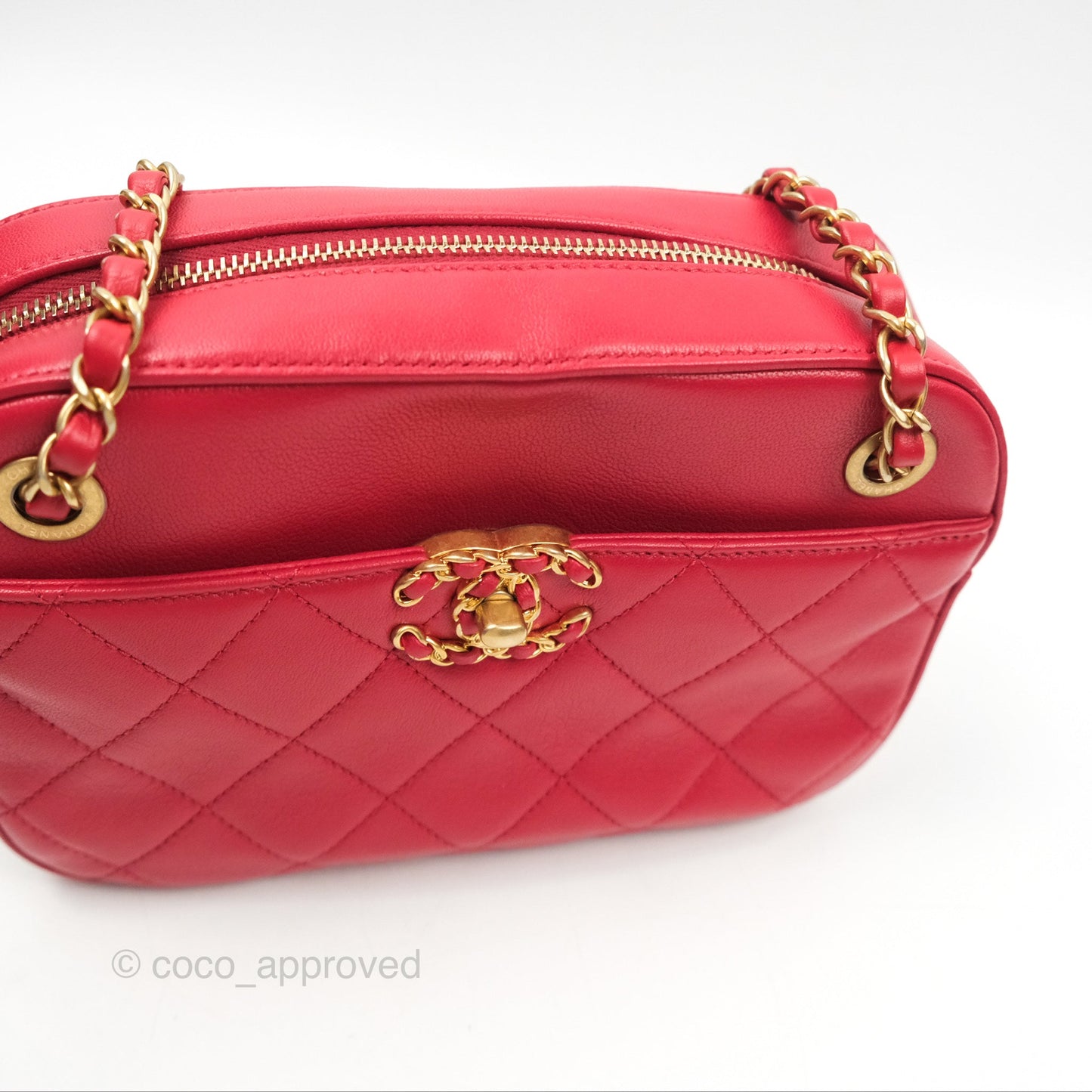 Chanel Chain Infinity Camera Case Red Goatskin Aged Gold Hardware