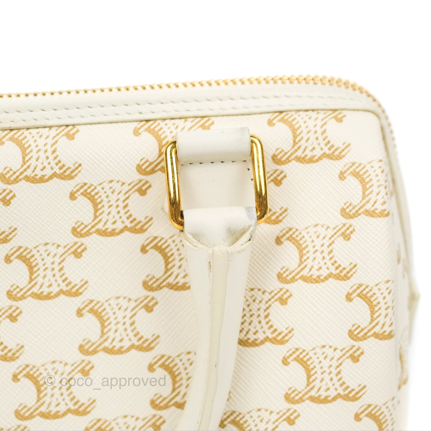 Celine Small Boston Bag White Triomphe Canvas Calfskin