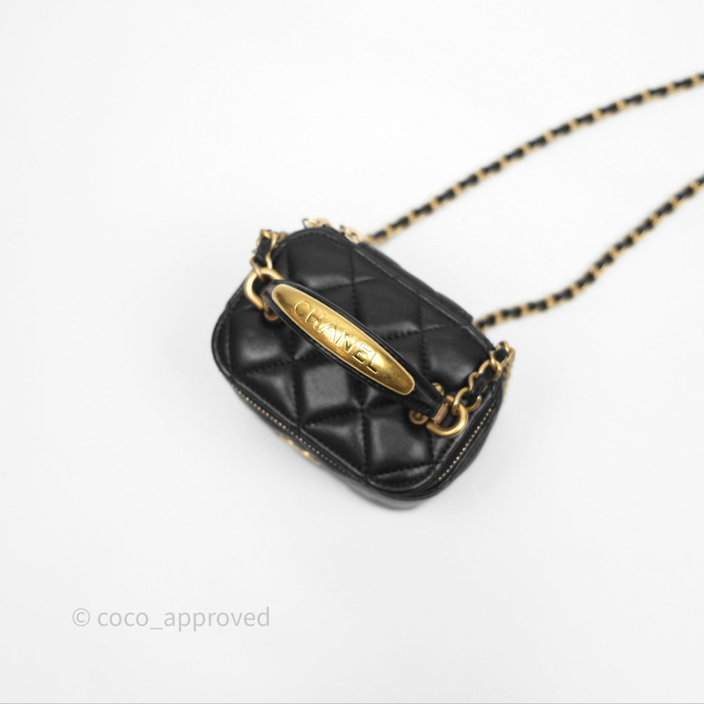 Chanel Mini Metal Top Handle Vanity With Chain Black Lambskin Aged Gold Hardware