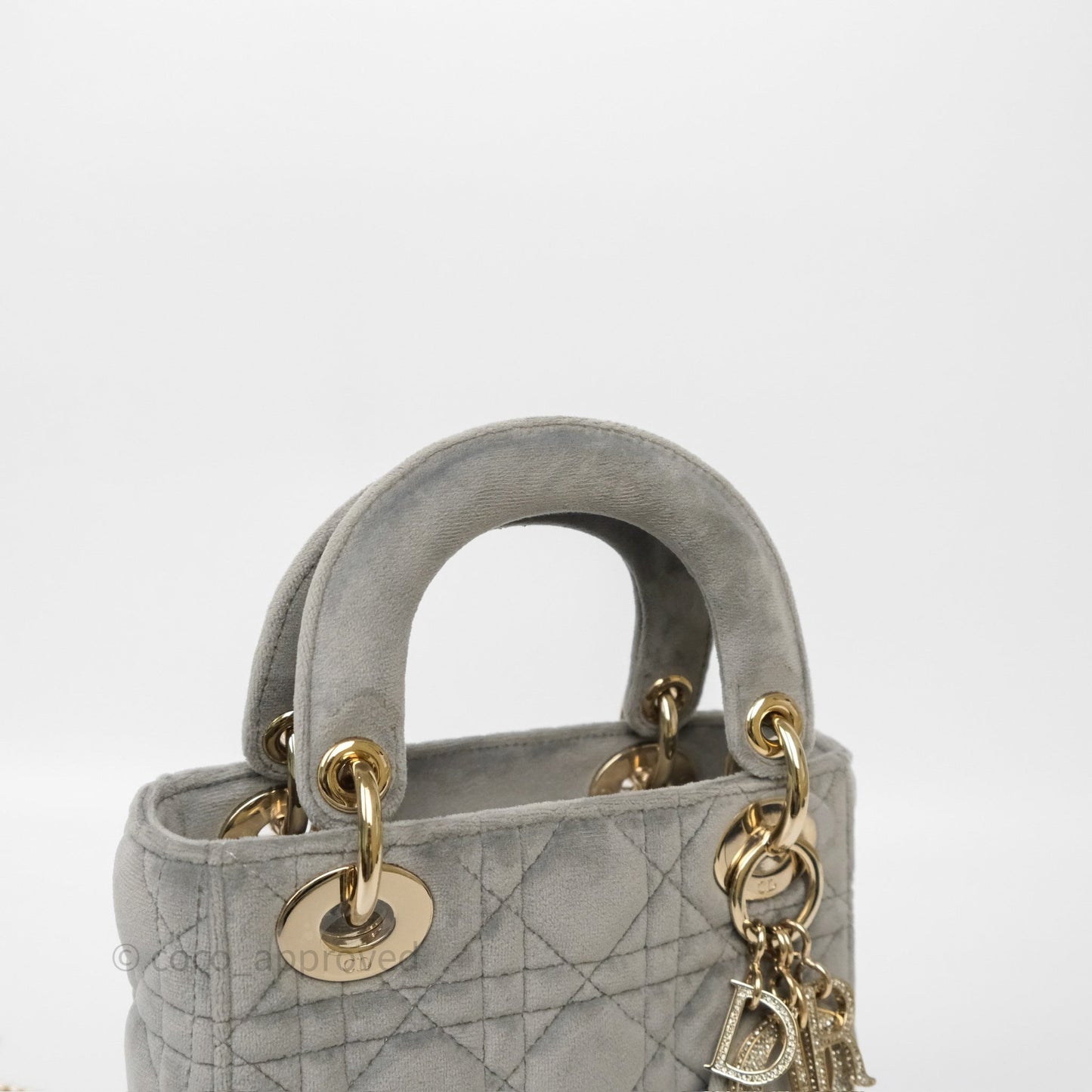 Dior Mini Lady Dior Grey Velvet Cannage Crystal Charms Gold Hardware