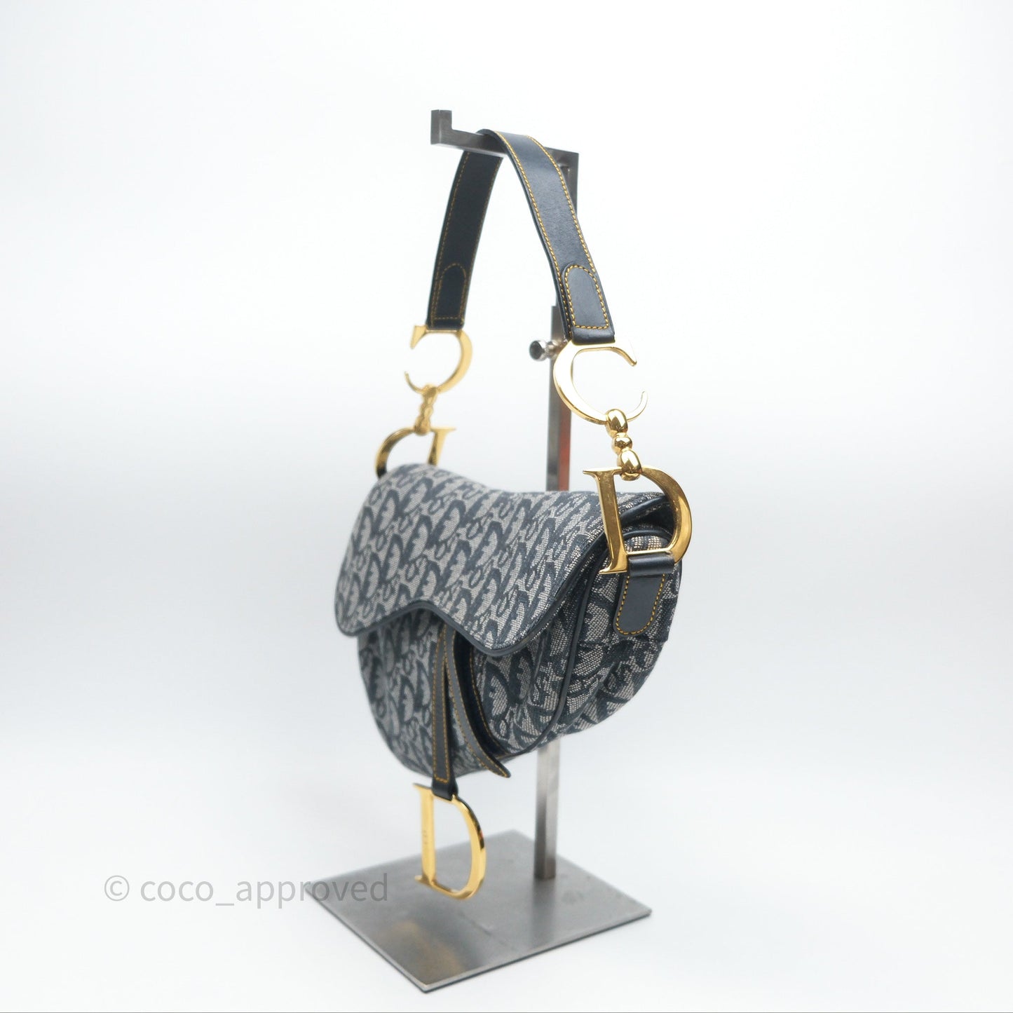 Christian Dior Vintage Saddle Bag Blue Oblique Jacquard Gold Hardware