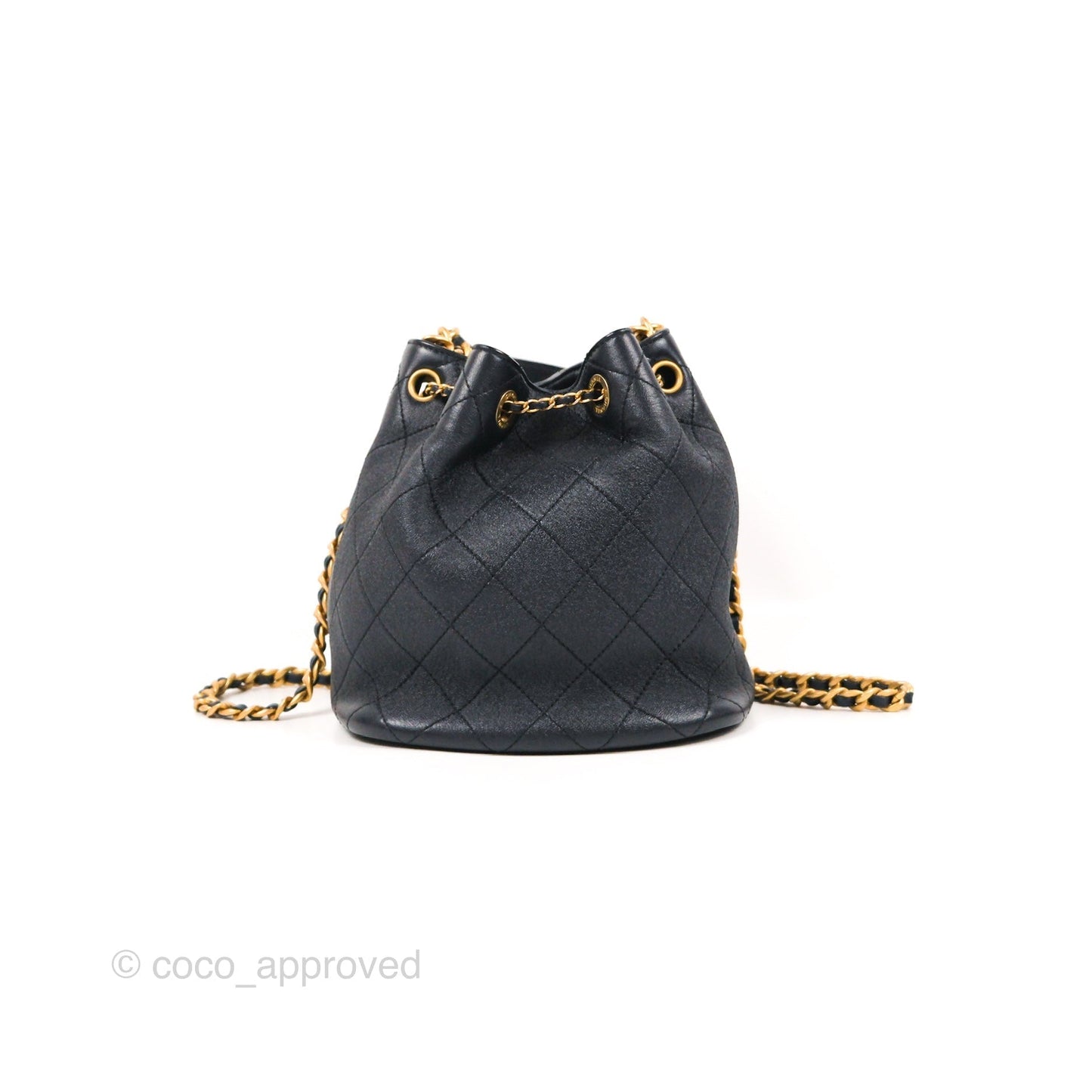 Chanel Quilted Top Handle Drawstring Bucket Bag Iridescent Navy Calfskin Aged Gold Hardware