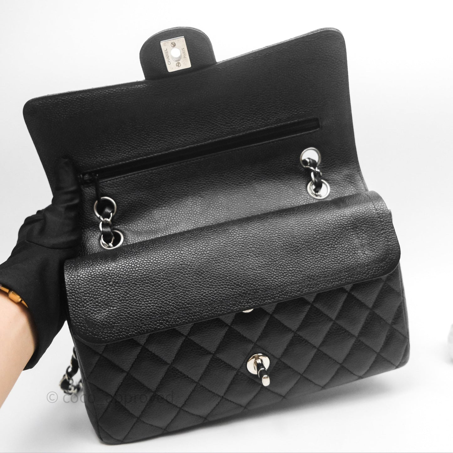 Chanel Classic M/L Medium Flap Quilted Black Caviar Silver Hardware