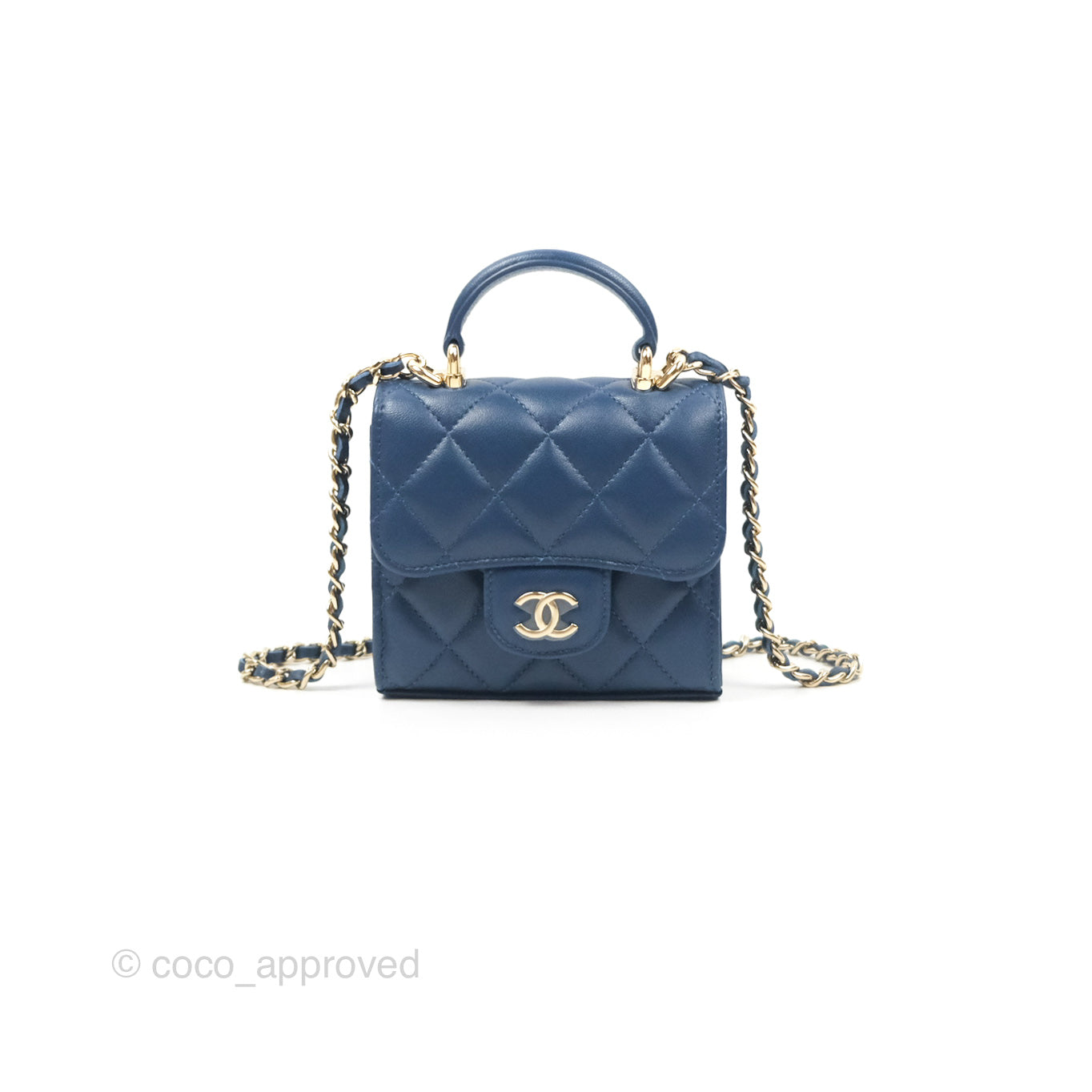 Chanel Mini Handle Clutch With Chain Navy Lambskin Gold Hardware