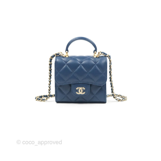Chanel Mini Handle Clutch With Chain Navy Lambskin Gold Hardware