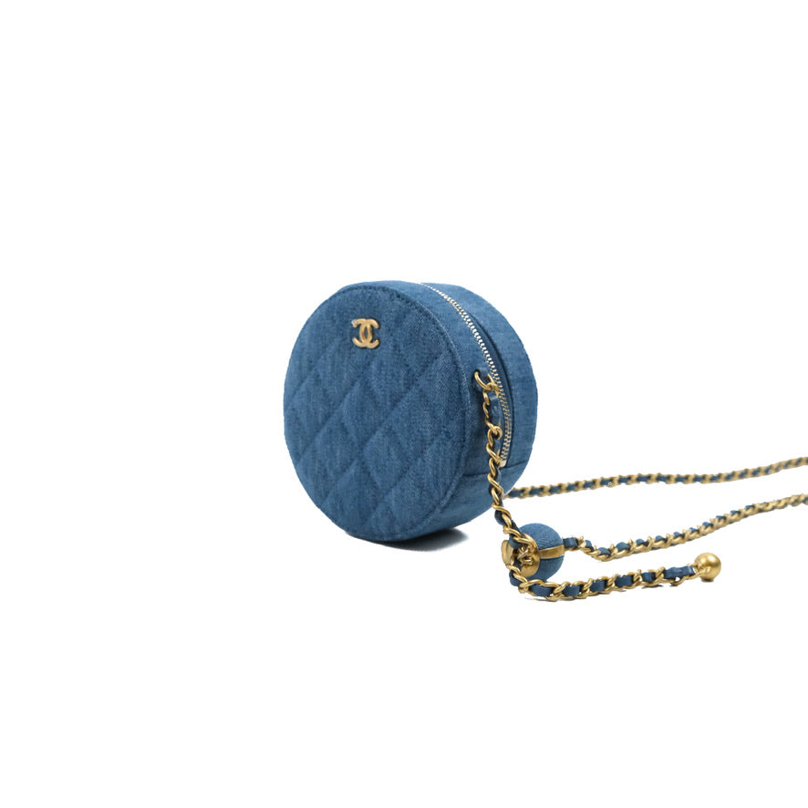 Chanel Quilted Pearl Crush Round Clutch With Chain Denim Aged Gold Hardware