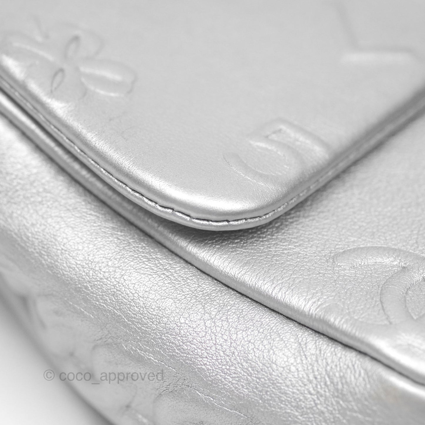 Chanel Medium Single Flap Embossed Metallic Silver Lambskin Ruthenium Hardware