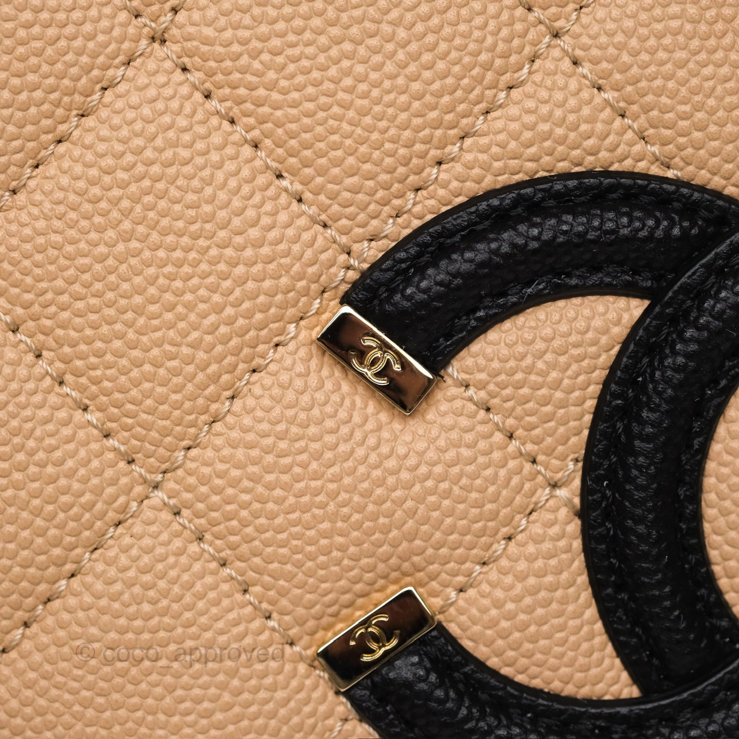 Chanel Quilted Small CC Filigree Vanity Case Black Beige Caviar Gold Hardware