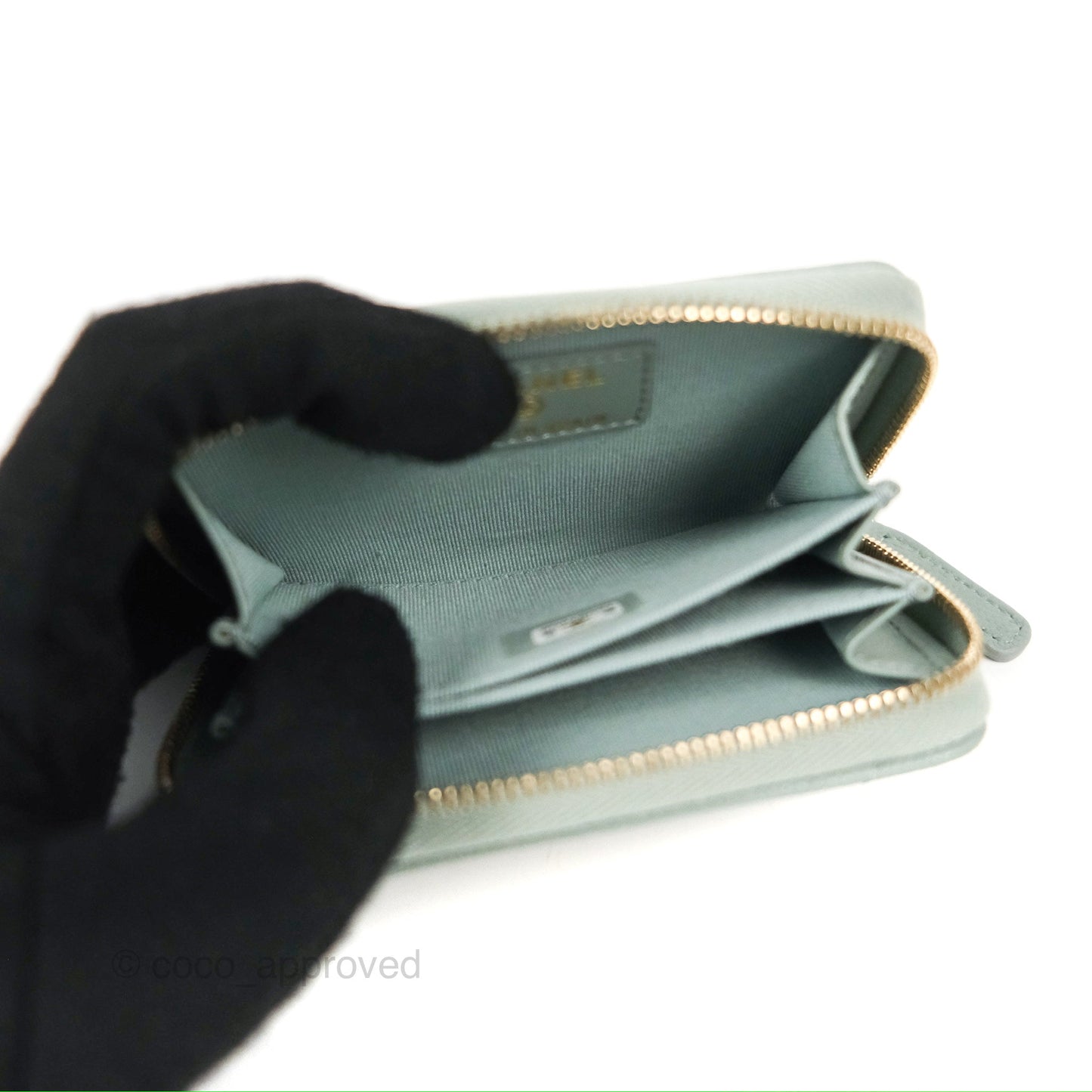 Chanel Classic Quilted Zipped Coin Purse Tiffany Green Caviar Gold Hardware