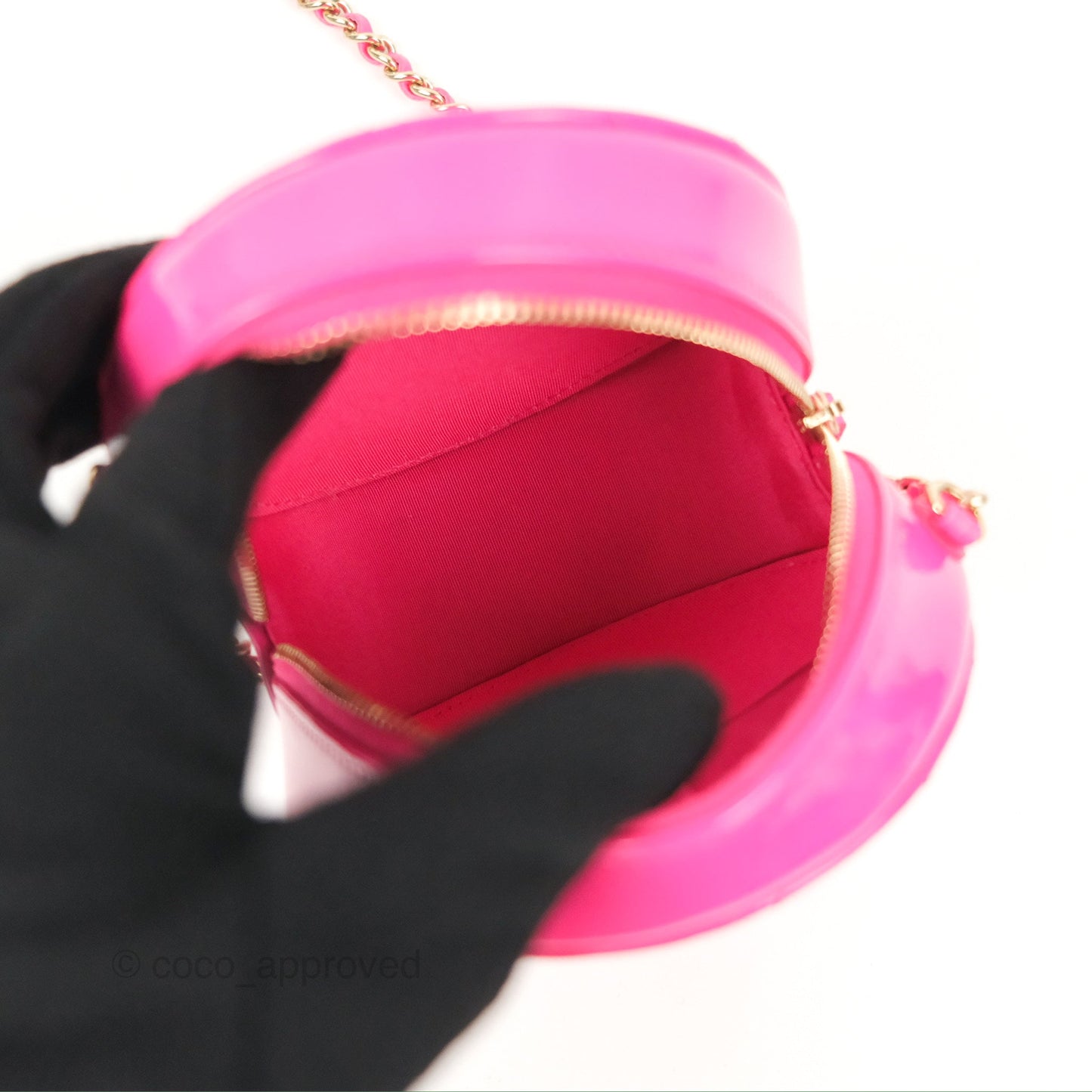 Chanel Classic Quilted Round Clutch Neon Pink Patent Gold Hardware