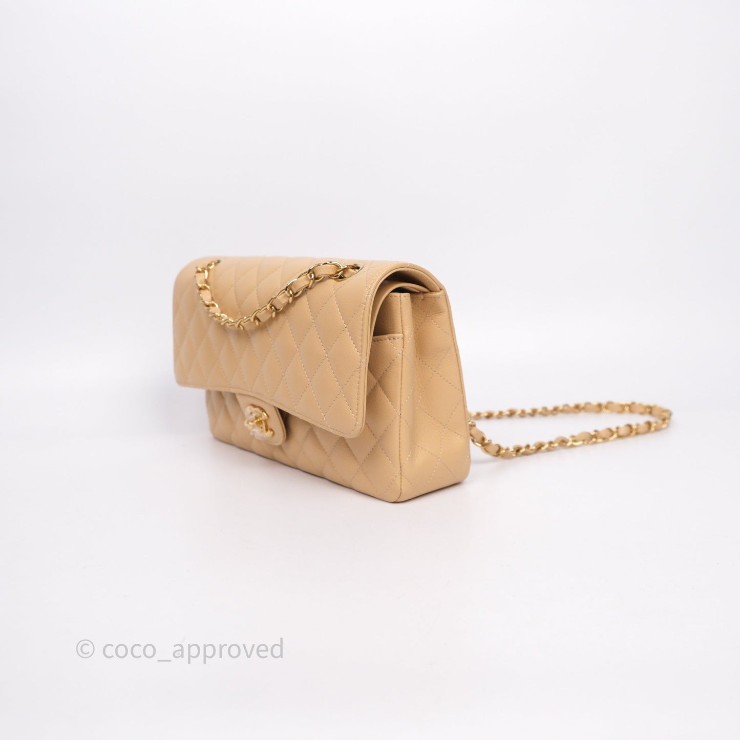 Chanel Classic M/L Medium Flap Quilted Beige Caviar Gold Hardware