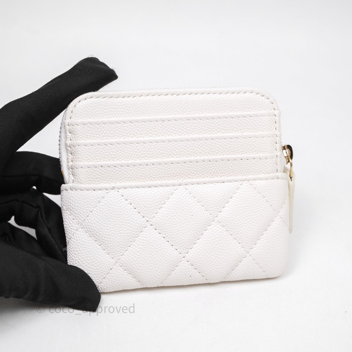 Chanel Quilted Classic Zip Card Holder Wallet White Caviar Gold Hardware