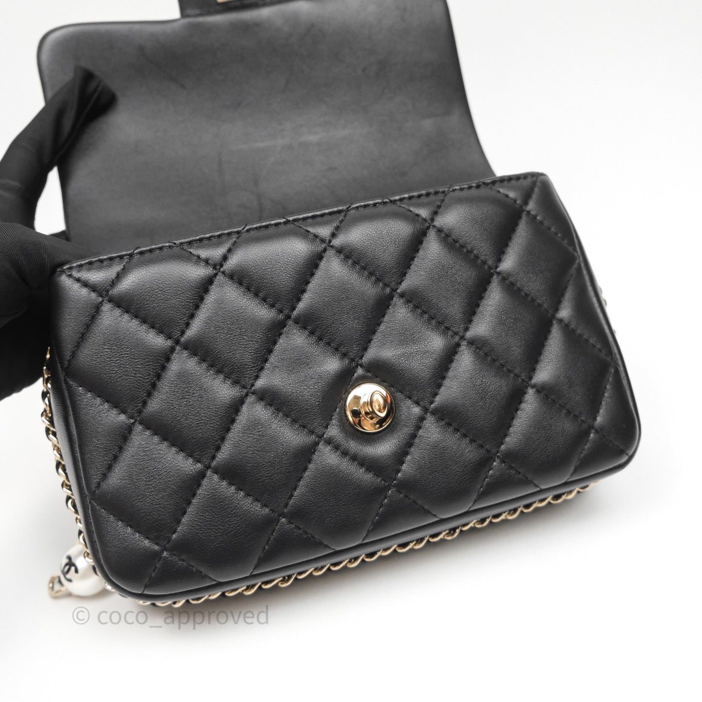 Chanel Logo Pearl Chain Flap Bag Black Lambskin Gold Hardware