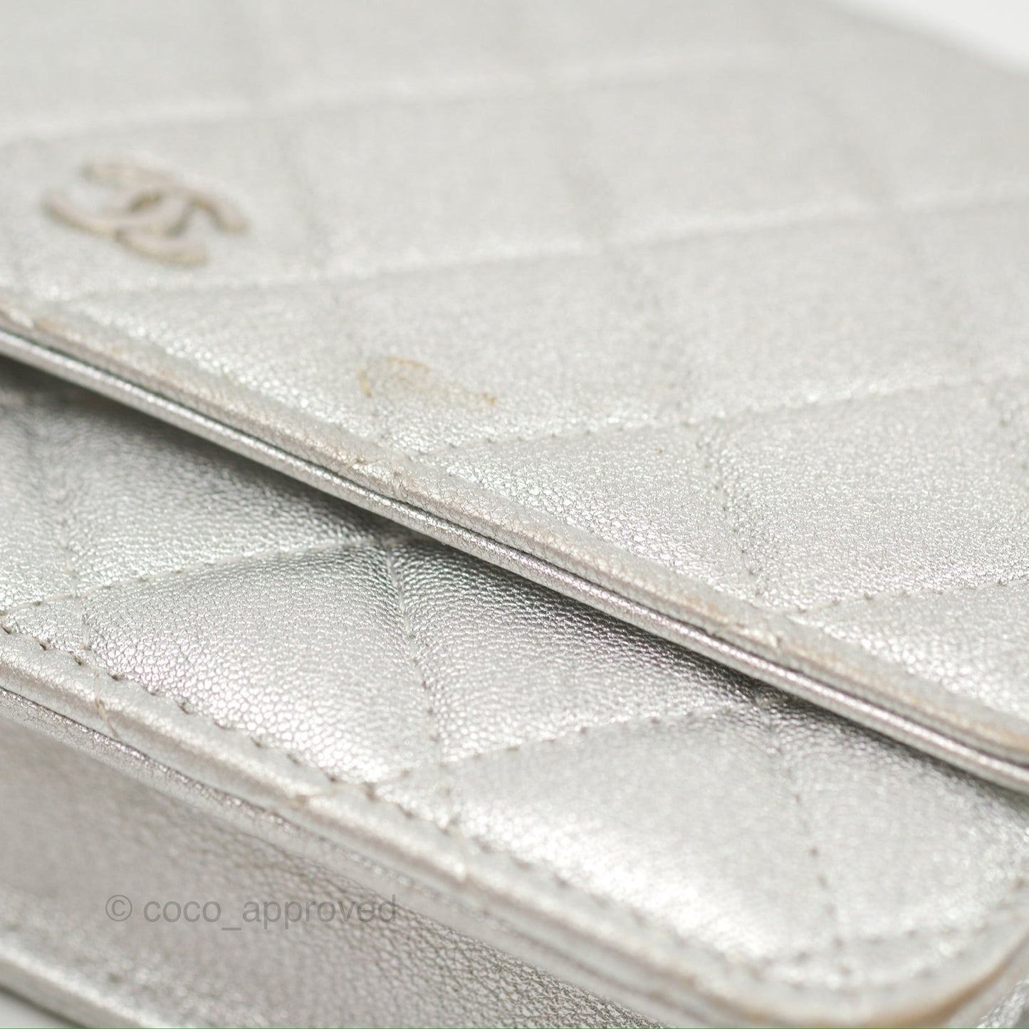 Chanel Quilted Wallet on Chain WOC Iridescent Silver Grained Lambskin Silver Hardware