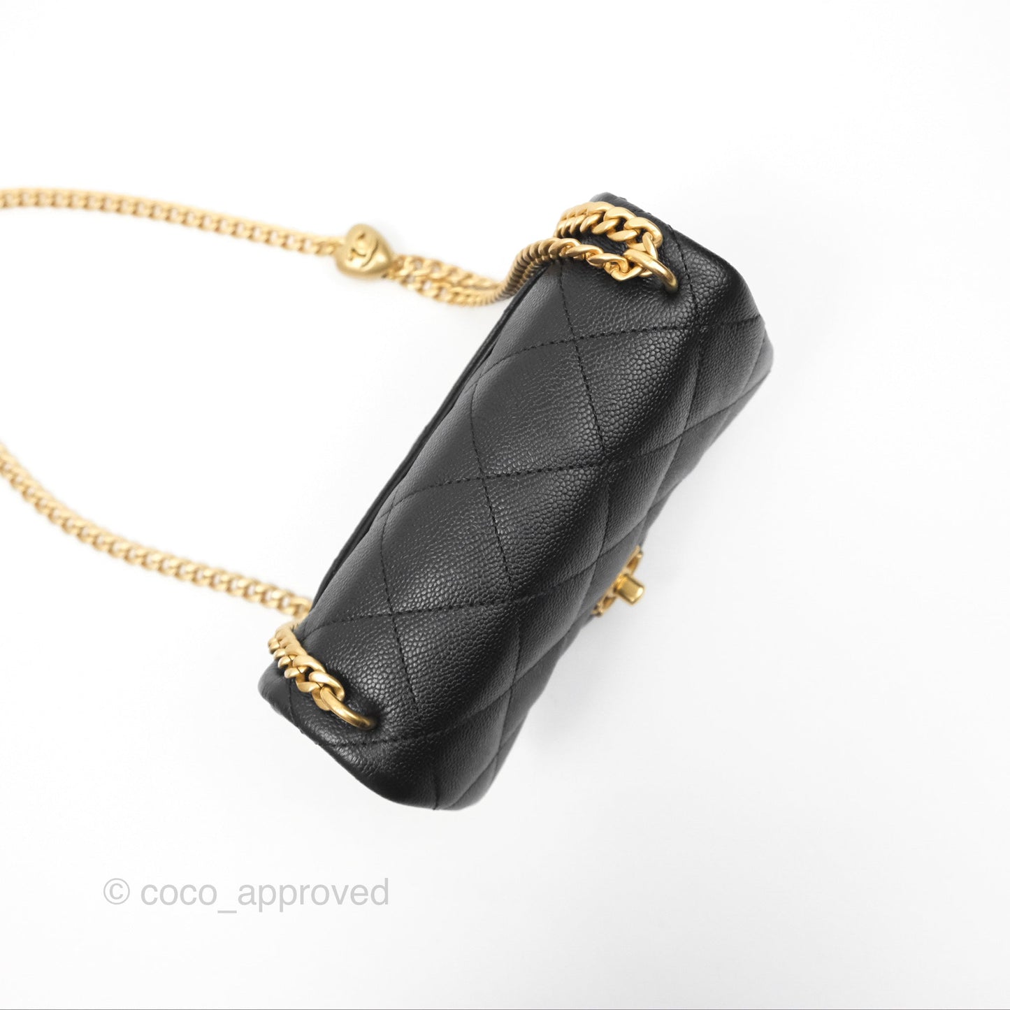 Chanel Mini Flap Bag Heart Adjustable Chain Black Caviar Aged Gold Hardware