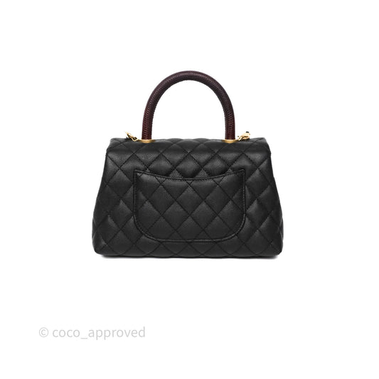 Chanel Small Coco Handle Black Caviar Gold Hardware Lizard Embossed Handle