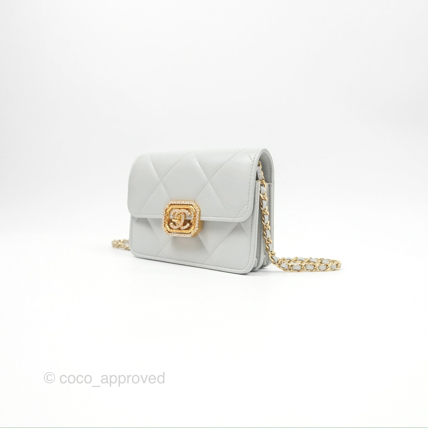 Chanel Crystal CC Mini Cutch with Chain Grey Lambskin Gold Hardware