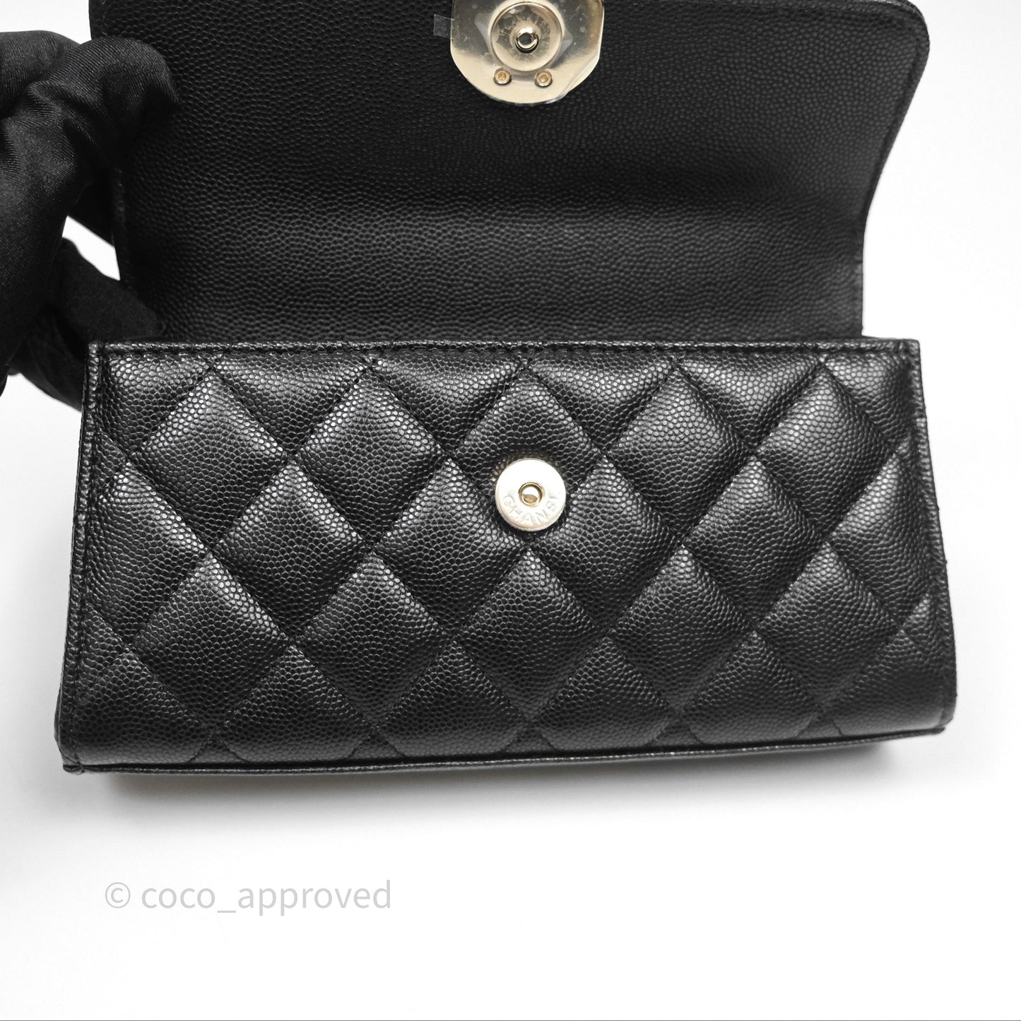 Chanel Top Handle Clutch with Chain Black Caviar Light Gold Hardware