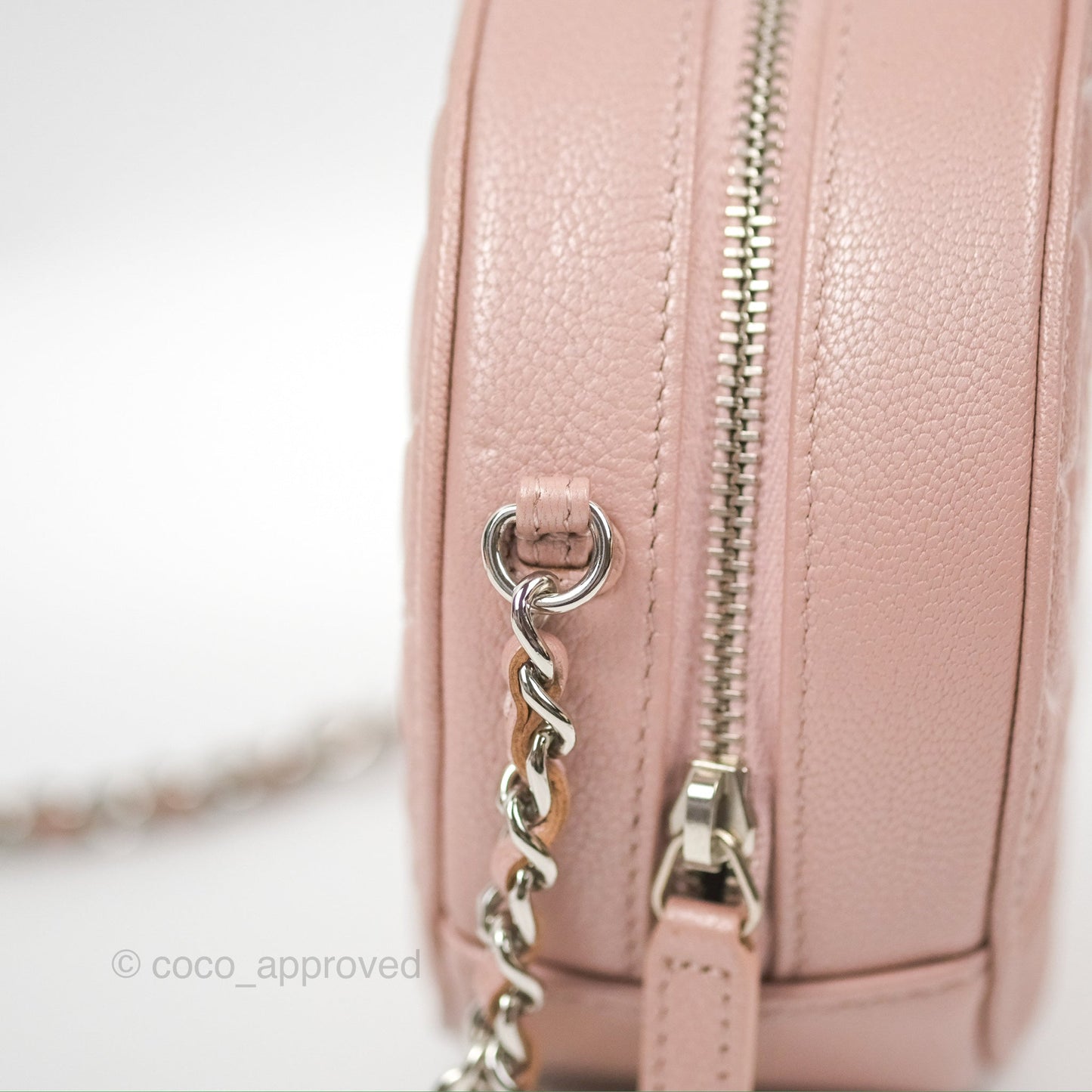 Chanel Camellia Embossed Round Clutch With Chain Iridescent Light Pink Goatskin Silver Hardware
