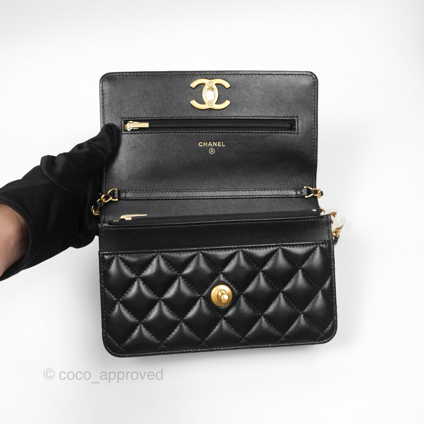 Chanel Quilted WOC Adjustable Chain Black Shiny Lambskin Aged Gold Hardware