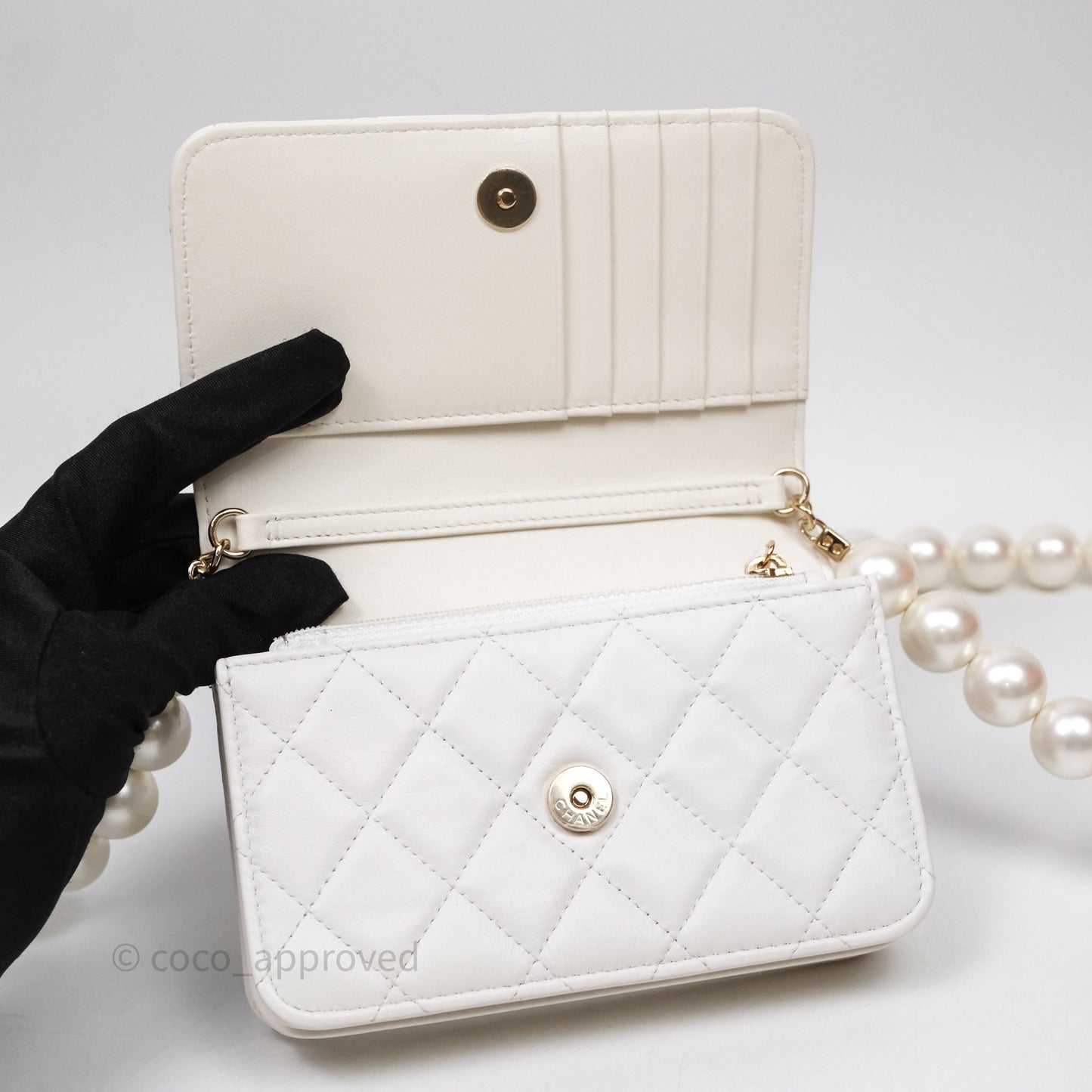 Chanel Mini Wallet On Large Pearl Chain WOC Quilted White Lambskin Gold Hardware