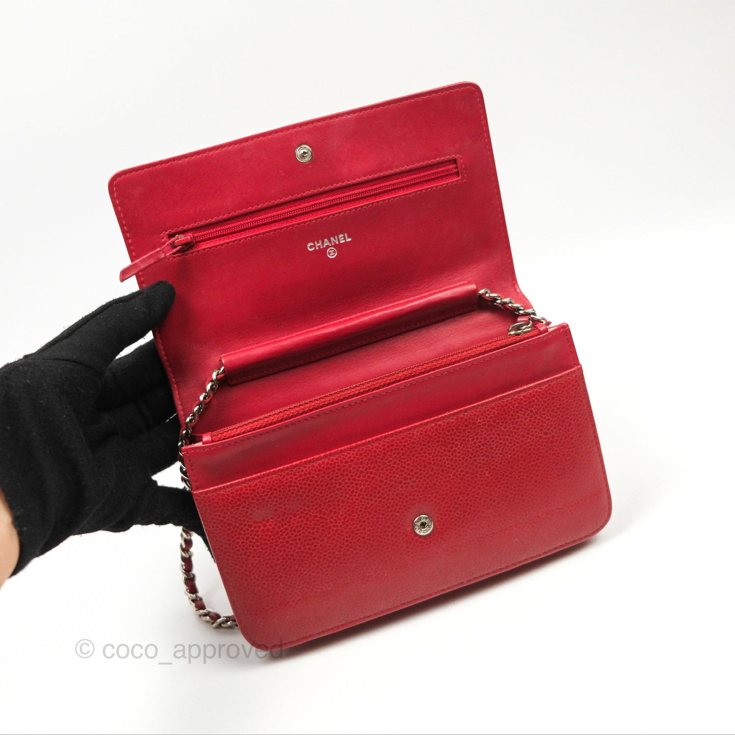 Chanel CC Wallet On Chain WOC Red Caviar Silver Hardware