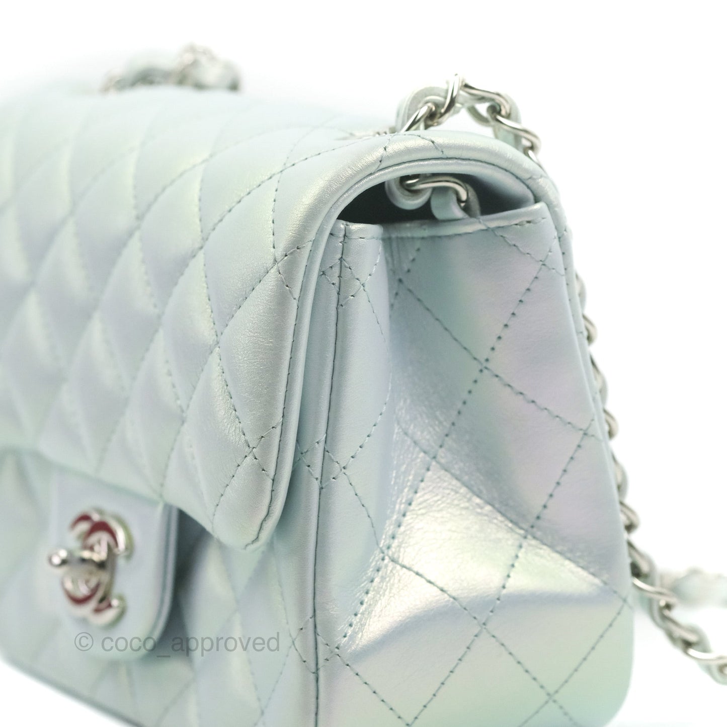 Chanel Mini Square Quilted Iridescent Icy Blue Silver Hardware