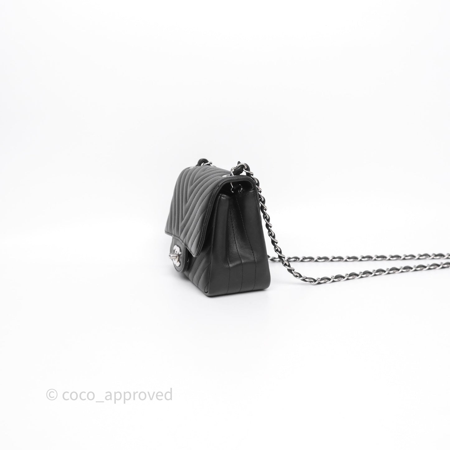 Chanel Mini Square Black Lambskin Chervon Bag Silver Hardware