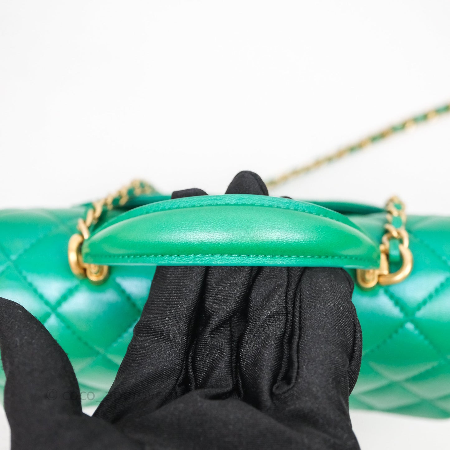 Chanel Top Handle Mini Rectangular Flap Bag Iridescent Green Lambskin Aged Gold Hardware