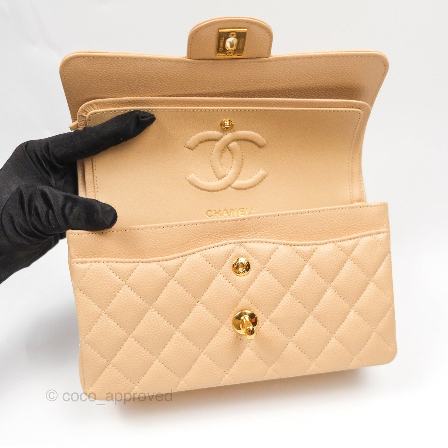 Chanel Small Quilted Classic Flap Beige Caviar Gold Hardware