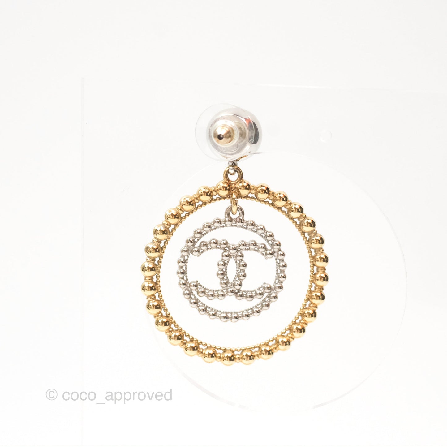 Chanel CC Hoop Drop Earrings Silver Gold Tone 22C