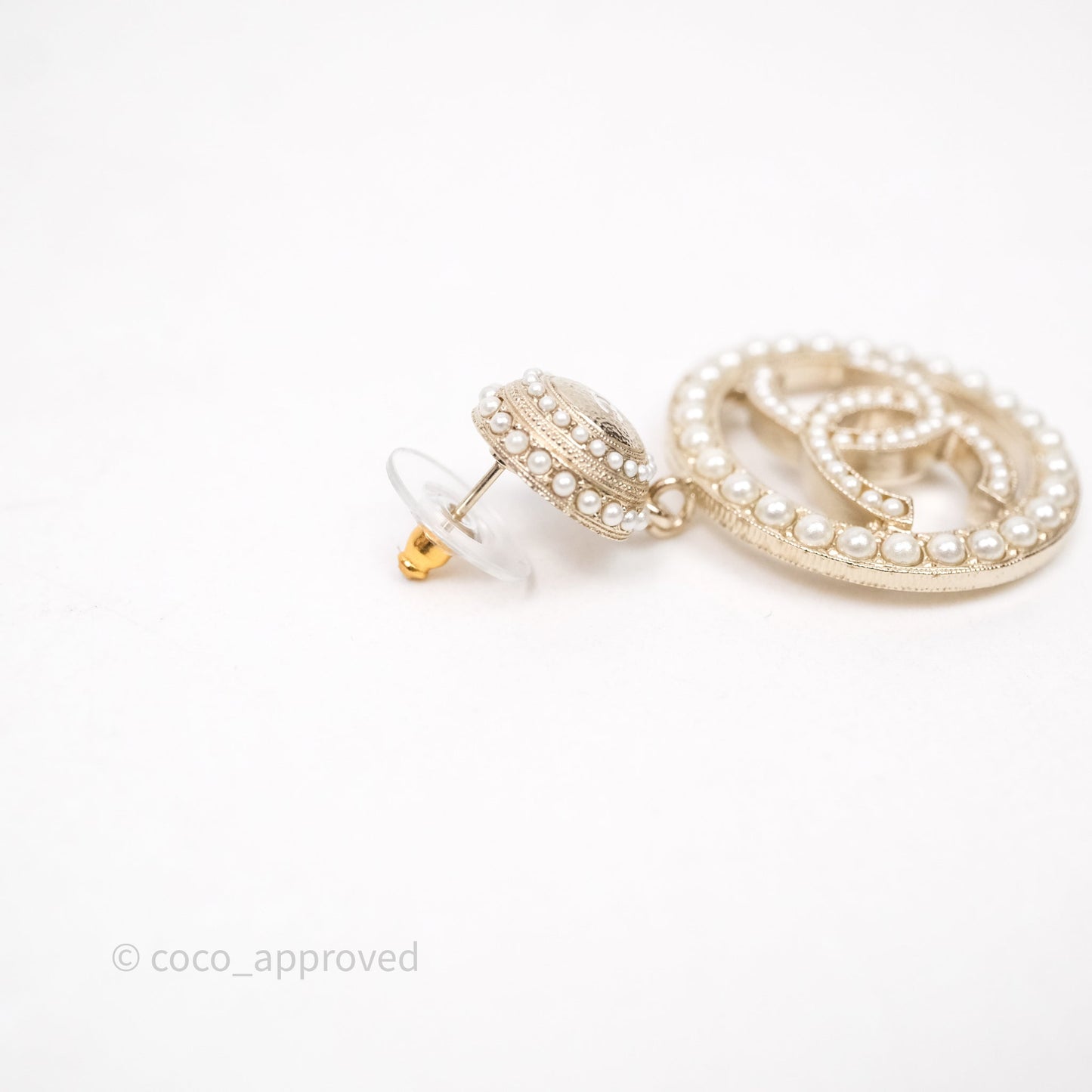 Chanel Pearl CC Round Drop Earrings Gold Tone 19V
