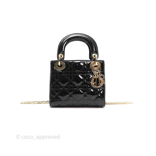 Christian Dior Mini Lady Dior Black Patent Gold Hardware