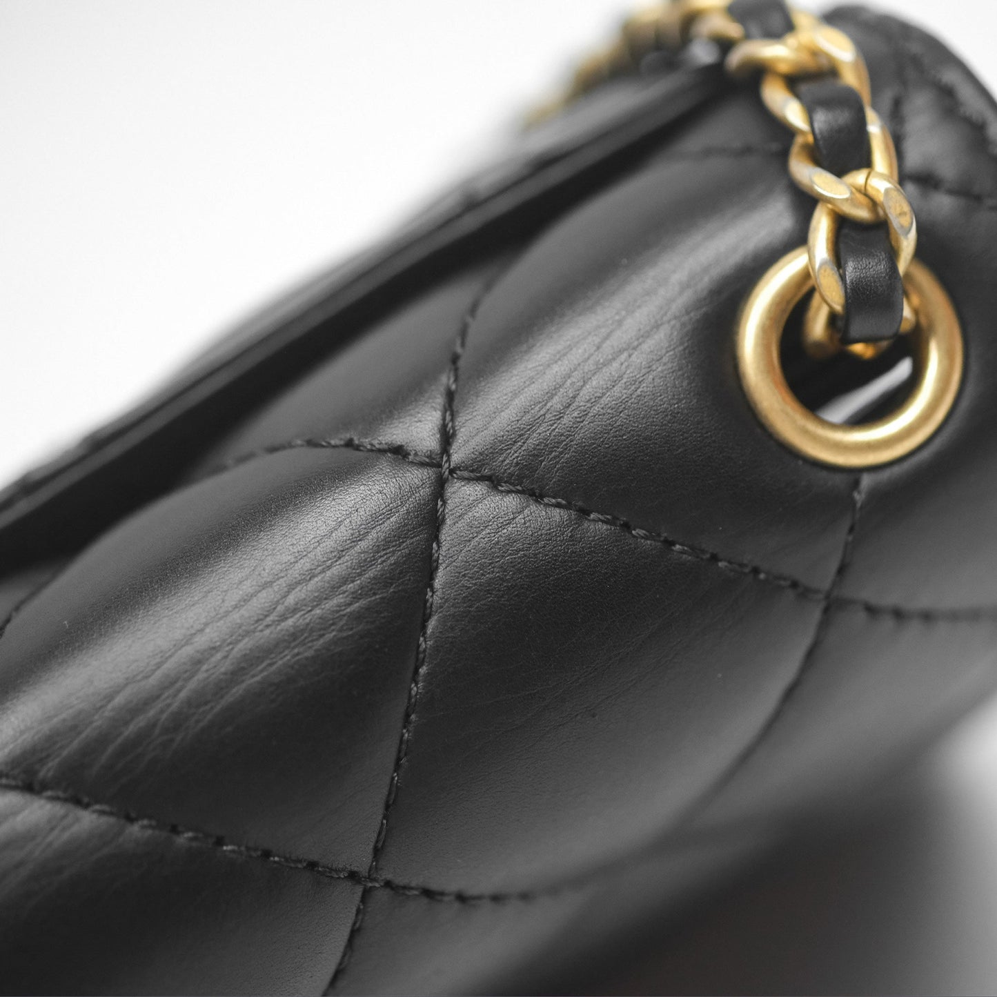 Chanel Quilted Side Chain Flap Bag Black Calfskin Aged Gold Hardware