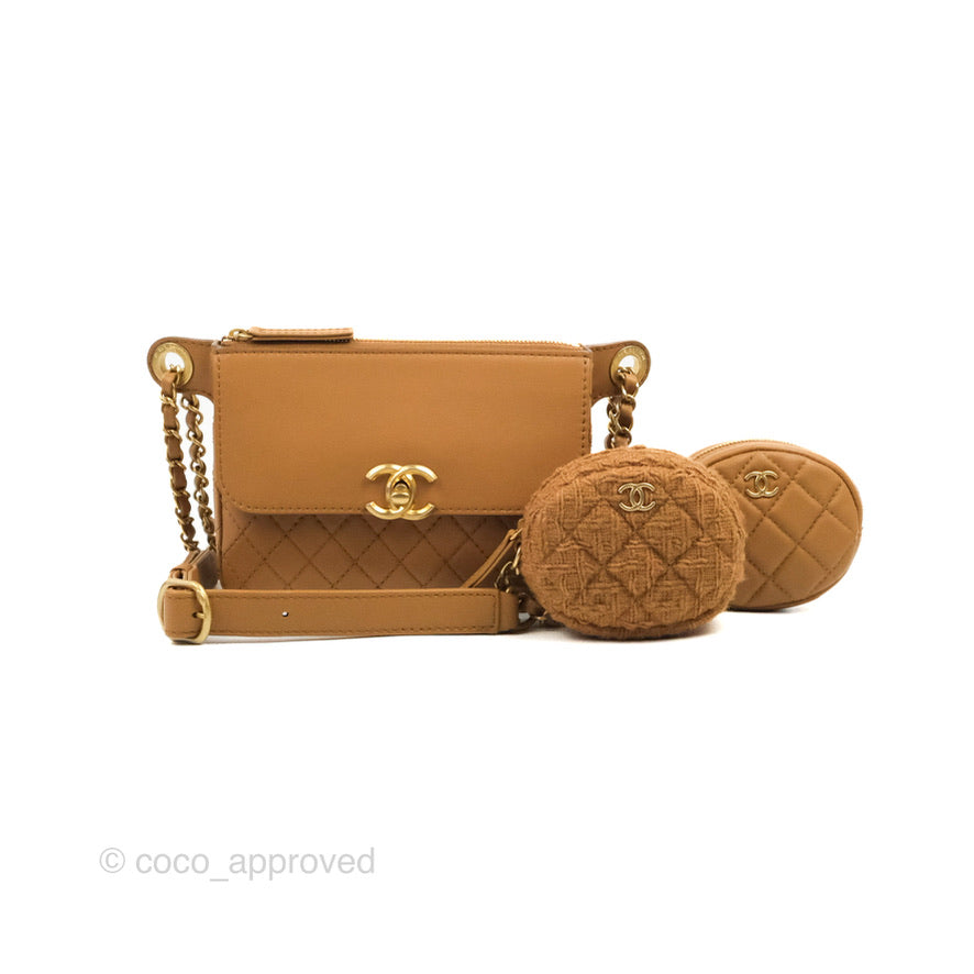 Chanel Flap Waist Bag with Leather & Tweed Coin Purses Dark Beige Calfskin