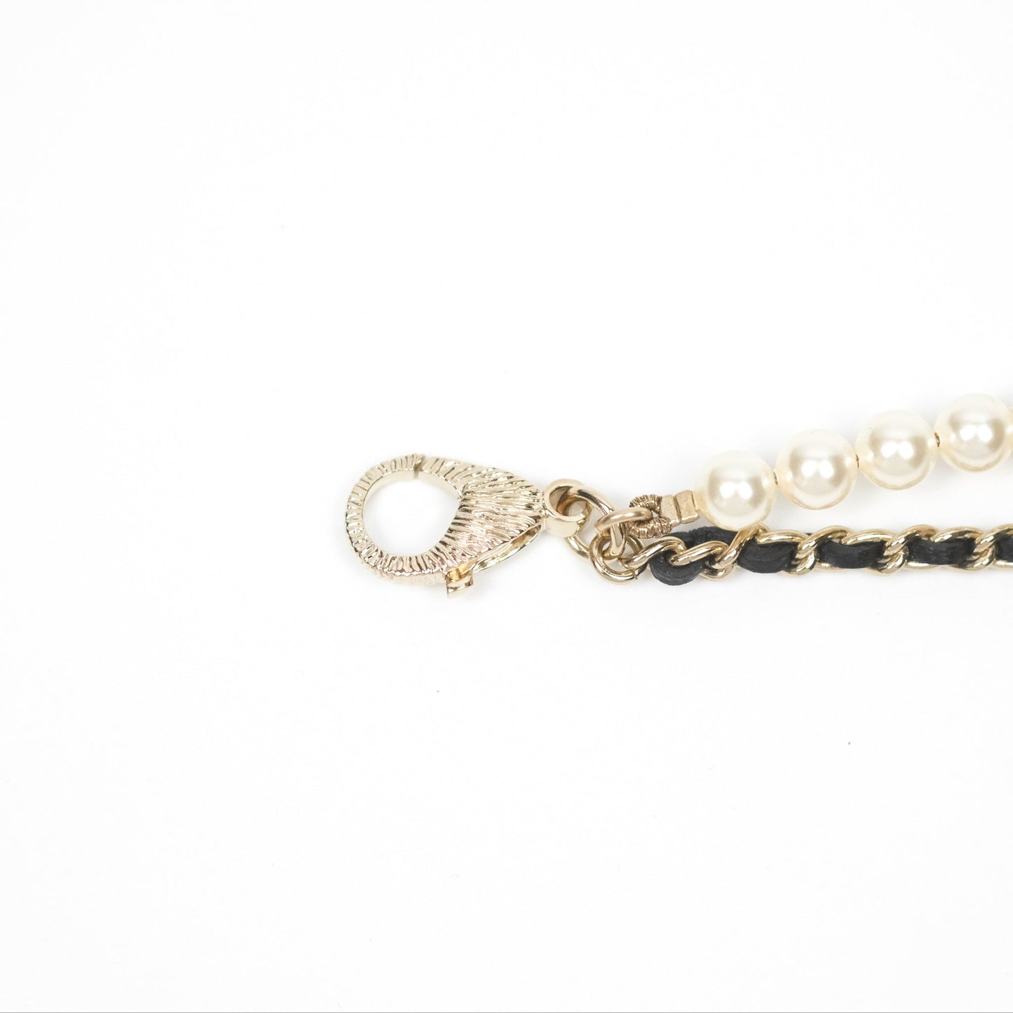 Chanel Crystal CC Pearl Black Leather Chain Braided Necklace Gold Tone 21K