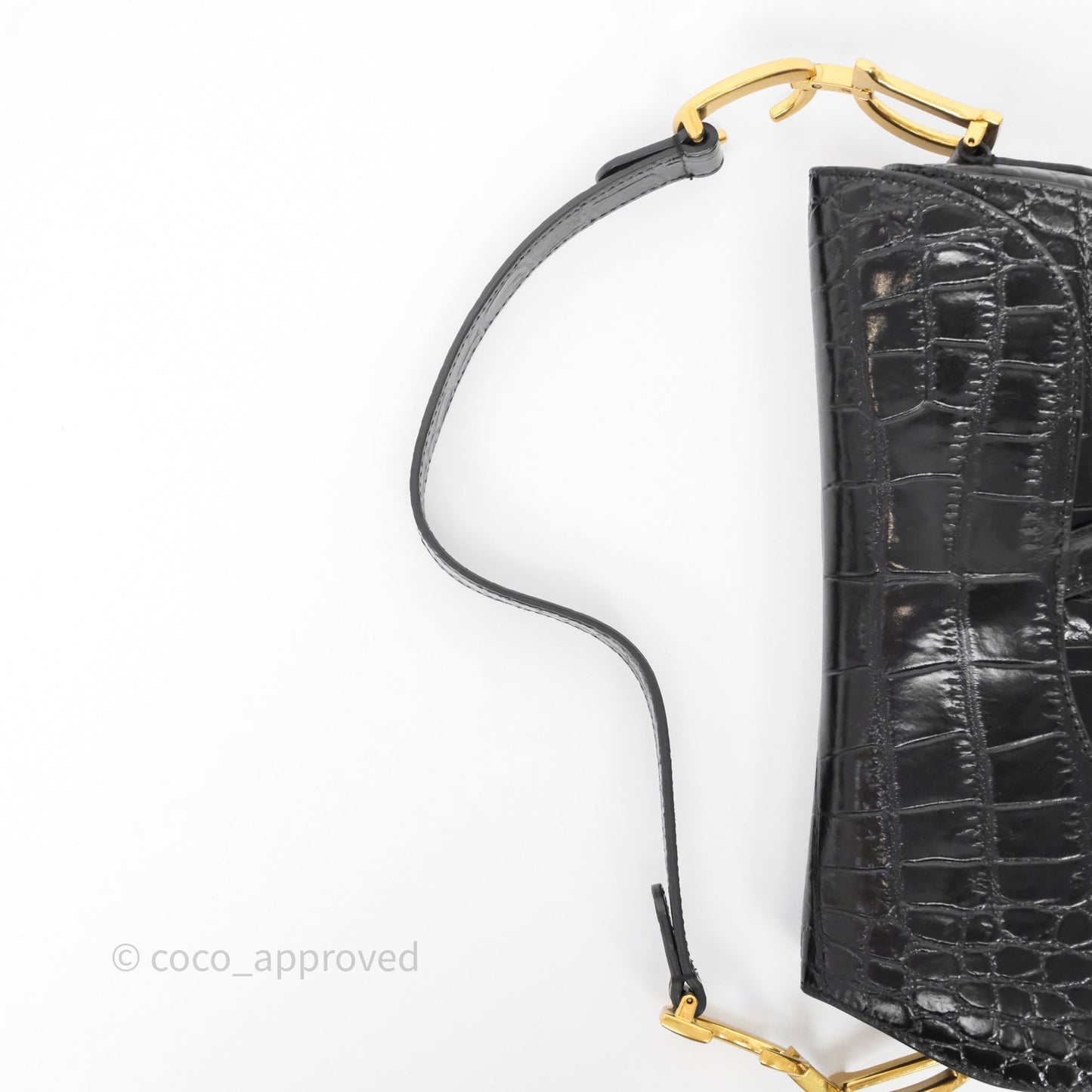 Christian Dior Saddle Bag Black Shiny Crocodile Gold Hardware