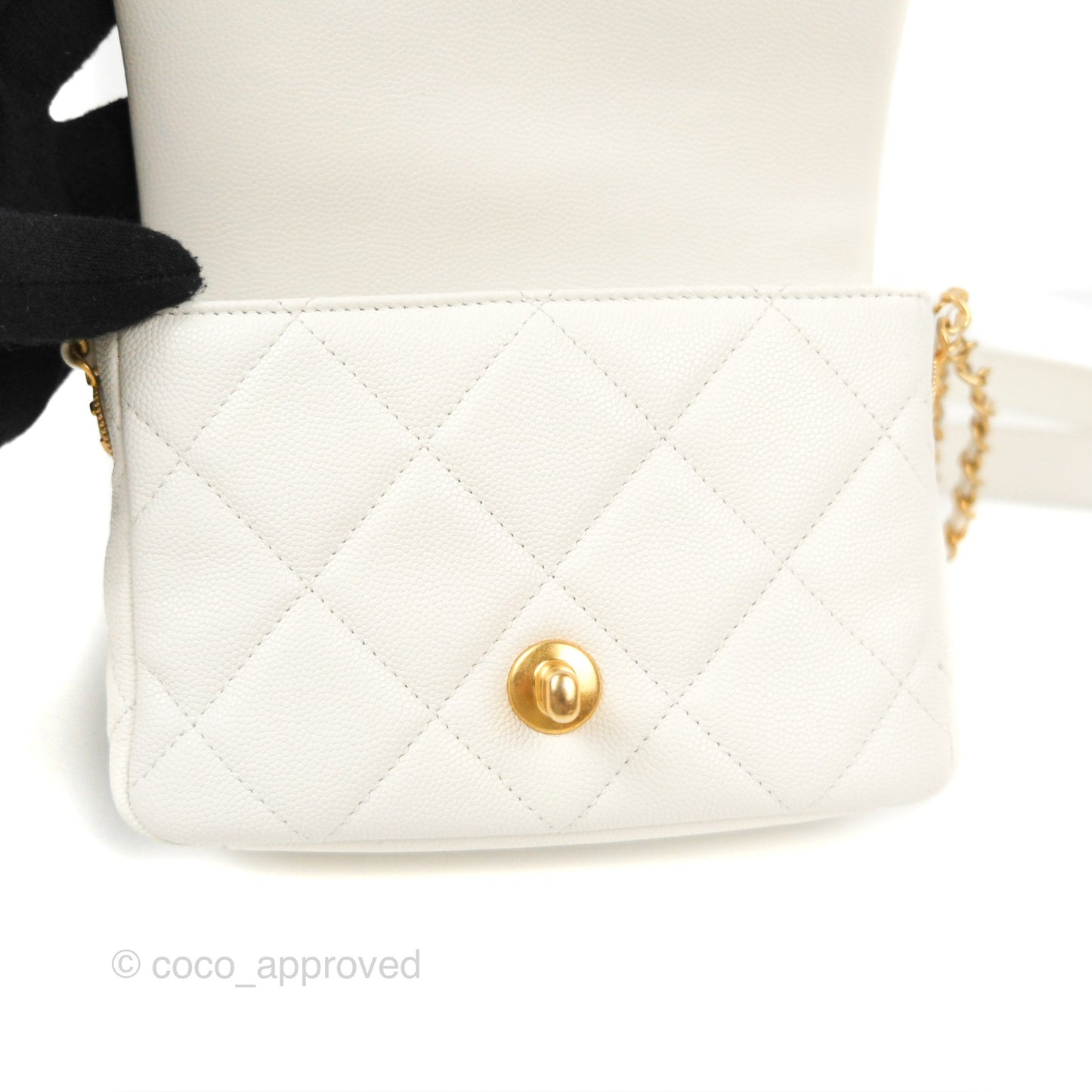 Chanel Mini Flap with Coin Charm White Caviar Aged Gold Hardware 22A