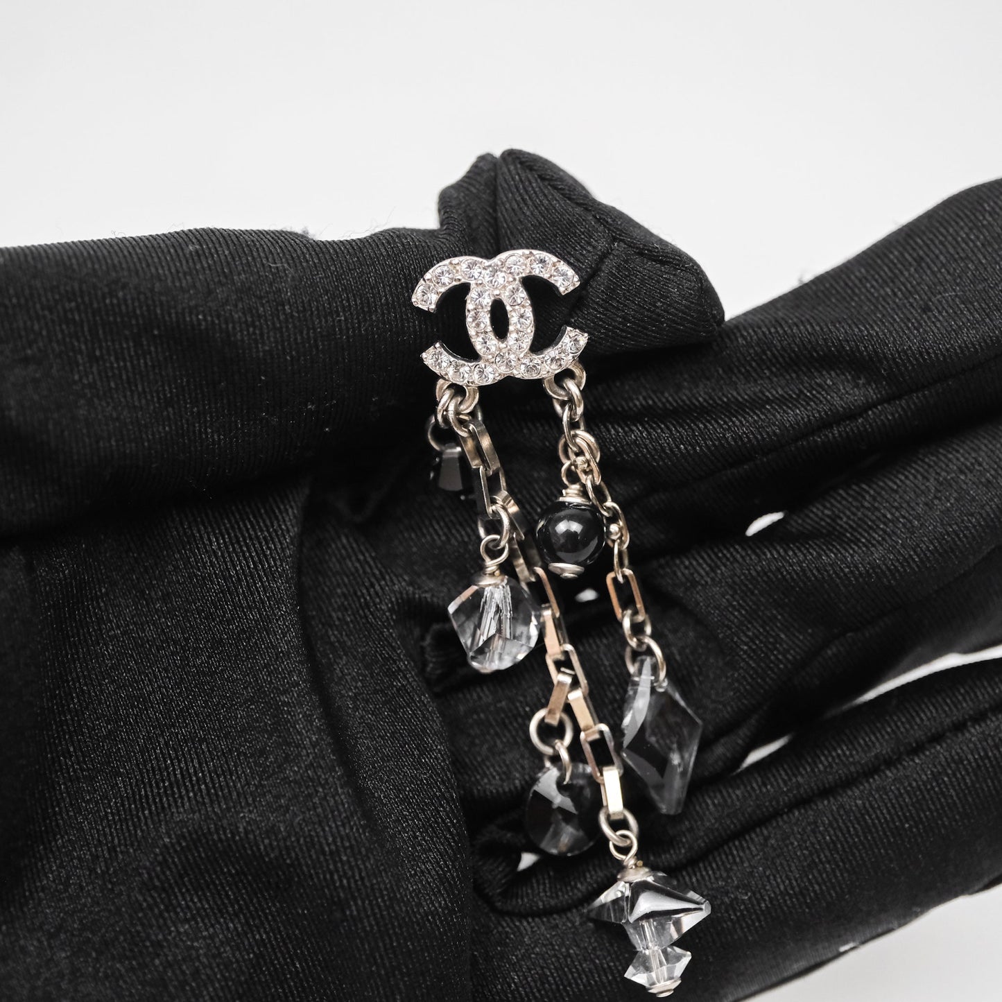 Chanel CC Black Resin Crystals Drop Earrings Silver Tone 19B